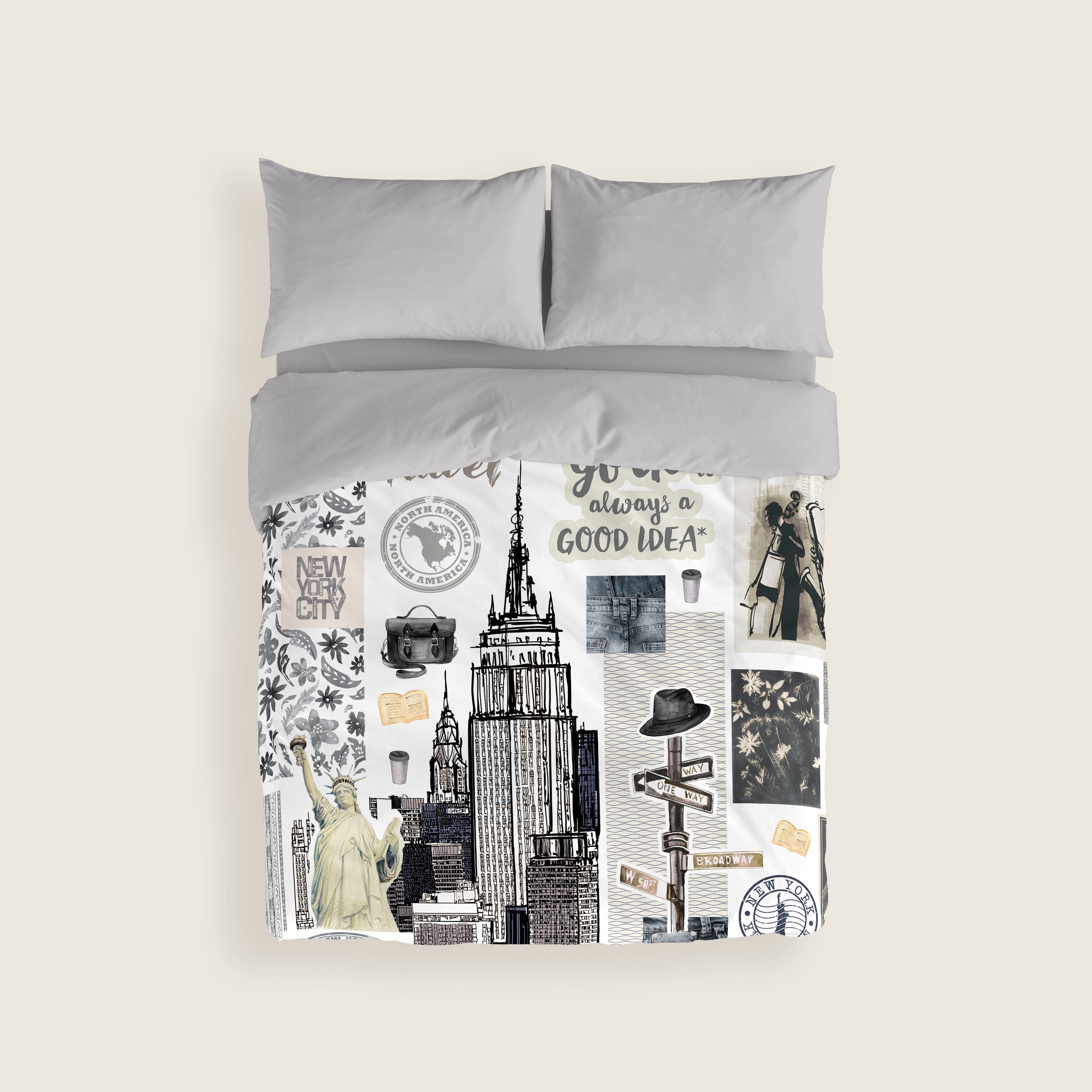 FUNDA NÓRDICA ESTAMPADA NY TRAVEL 100% ALGODÓN