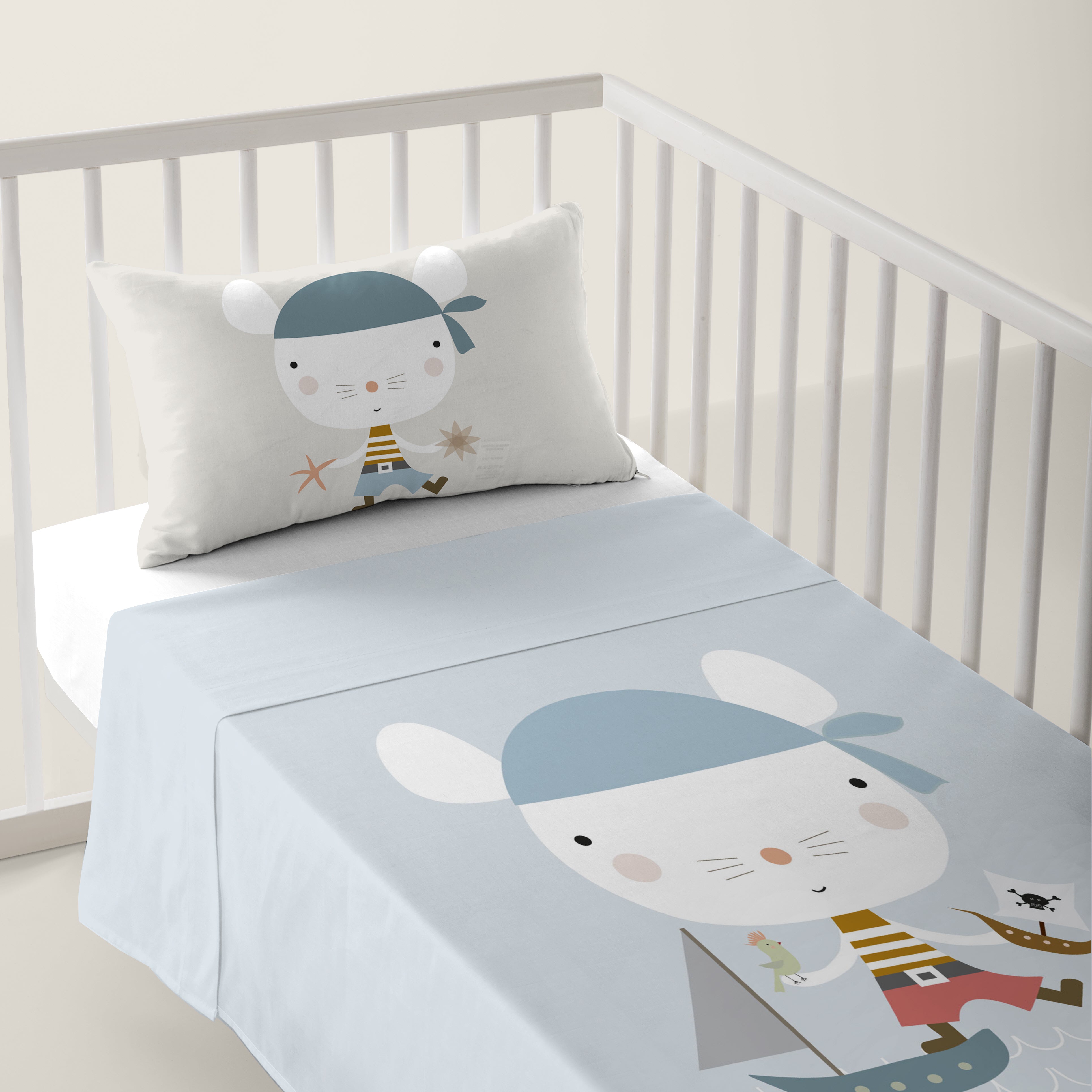 JUEGO DE SÁBANAS CUNA BEBÉ AVENTURA PIRATA A 100% ALGODÓN