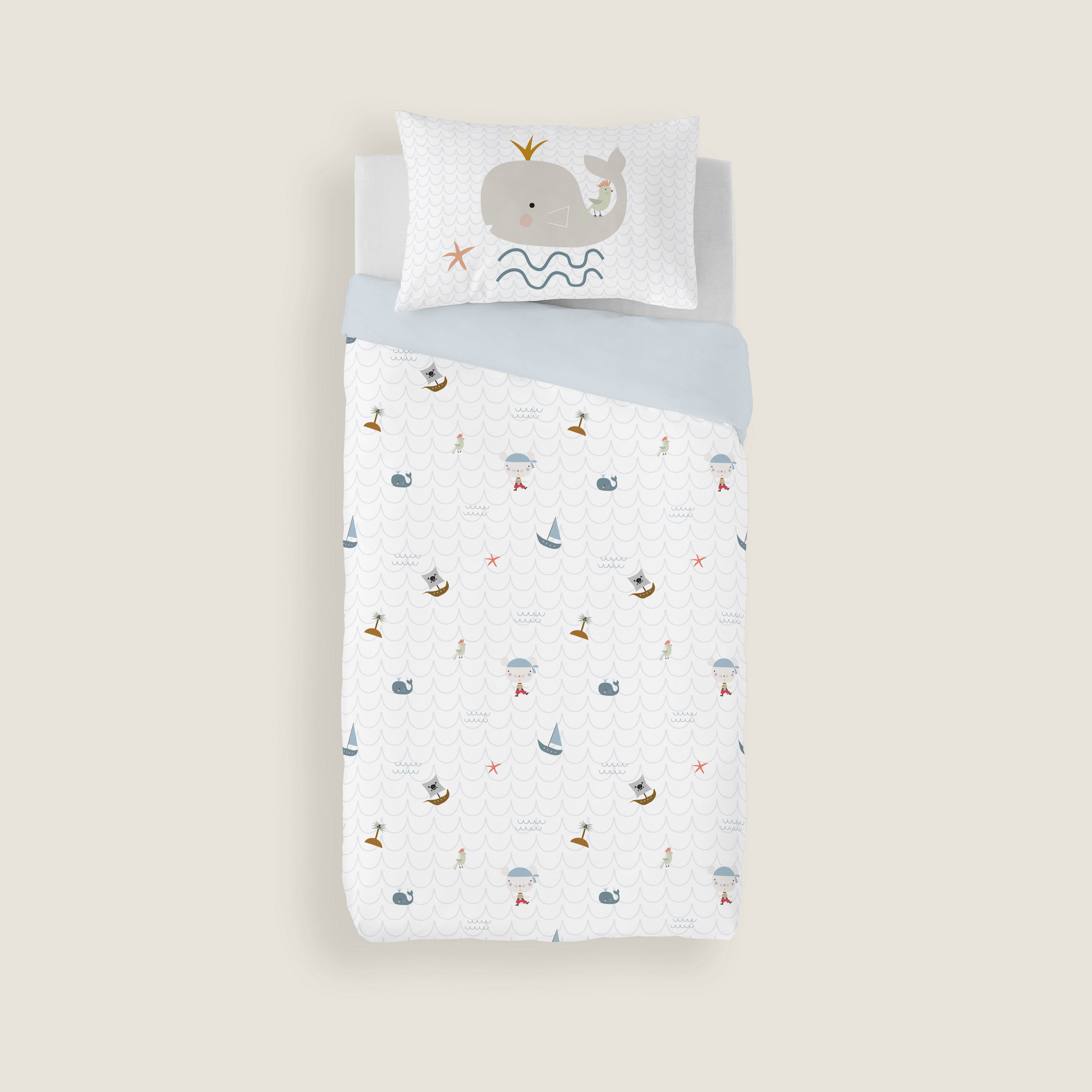 FUNDA NÓRDICA REVERSIBLE CUNA BEBÉ AVENTURA PIRATA 100% ALGODÓN