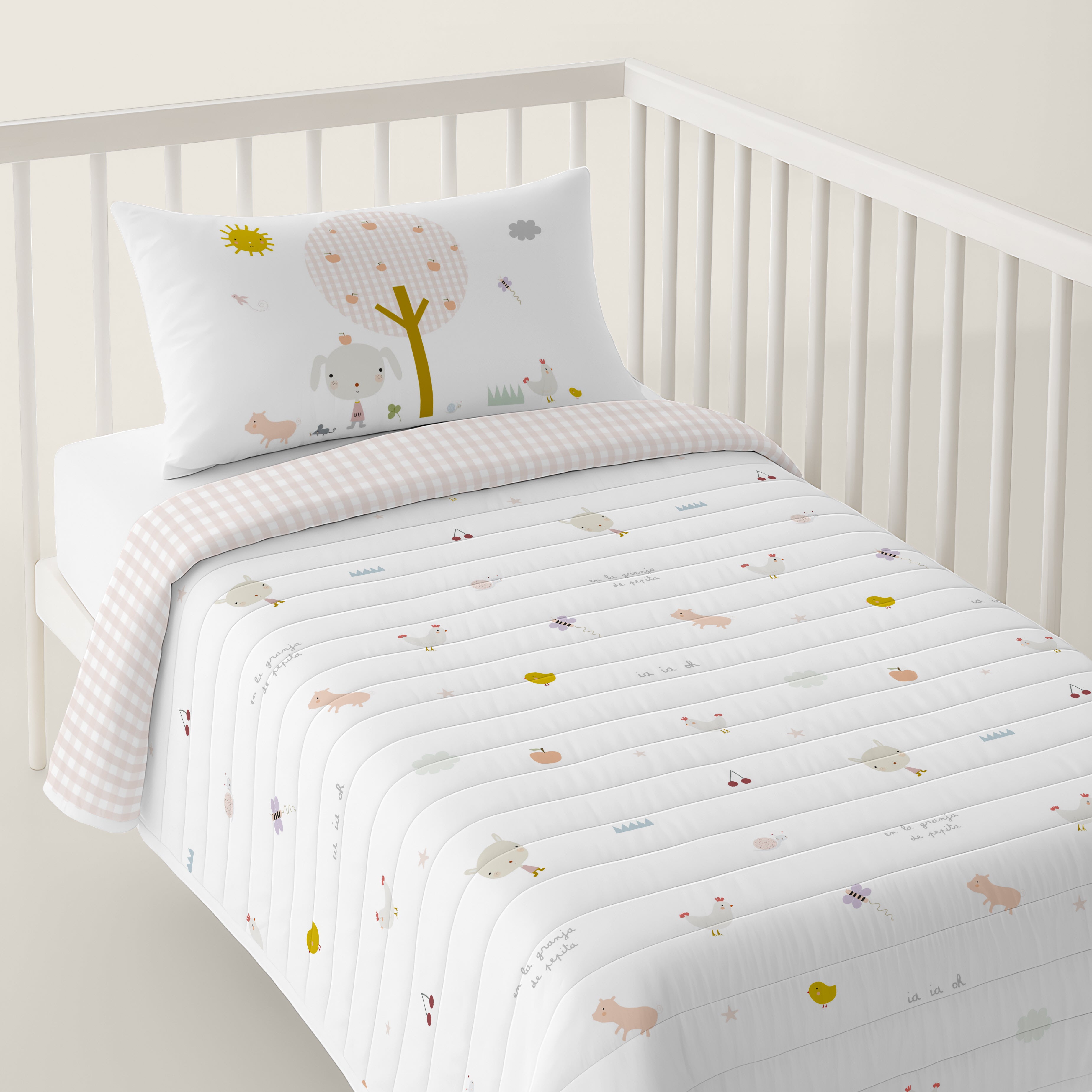 COLCHA BOUTI REVERSIBLE ESTAMPADA BEBÉ CUNA GRANJA 100% ALGODÓN