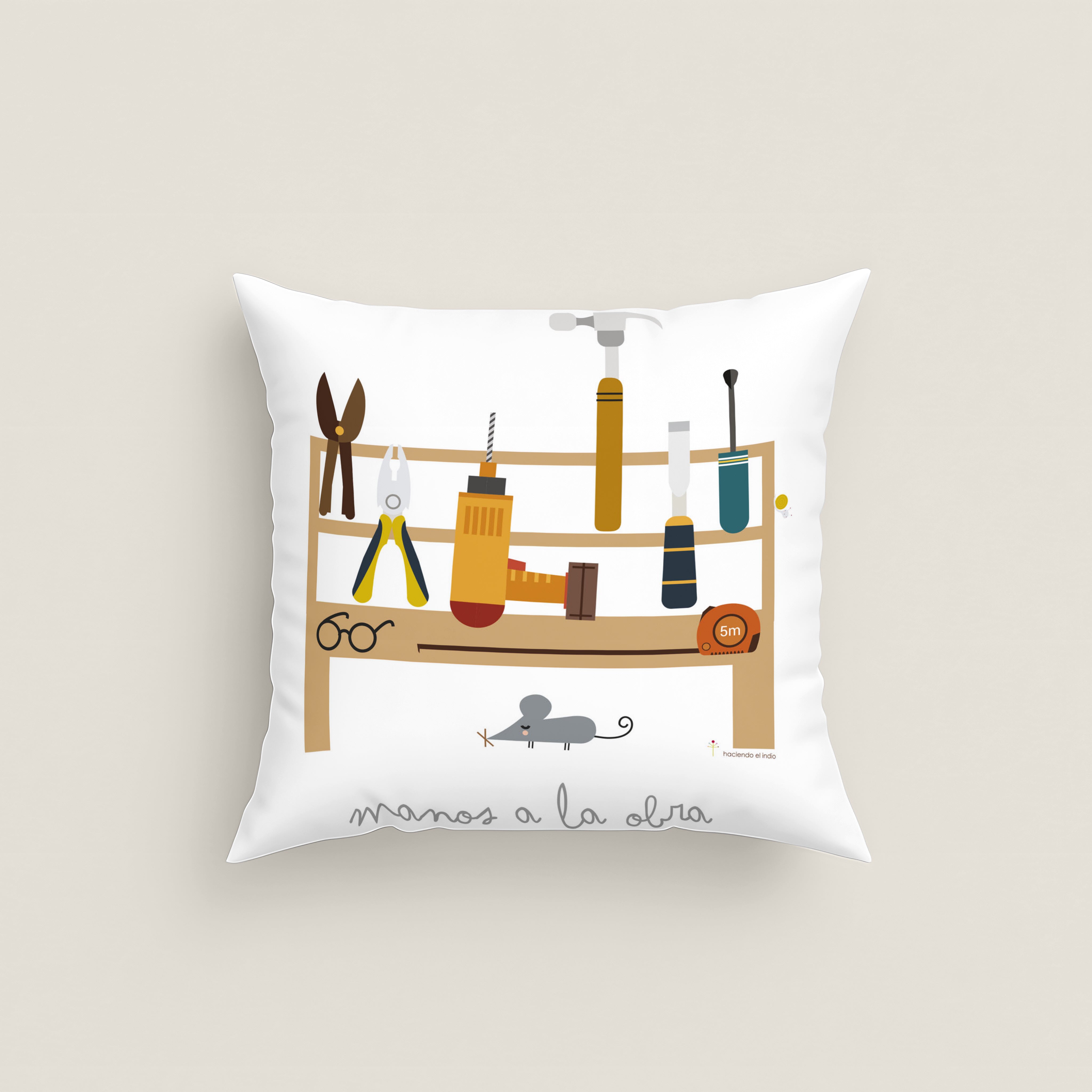 FUNDA DE COJÍN INFANTIL ESTAMPADO HERRAMIENTAS 100% ALGODÓN