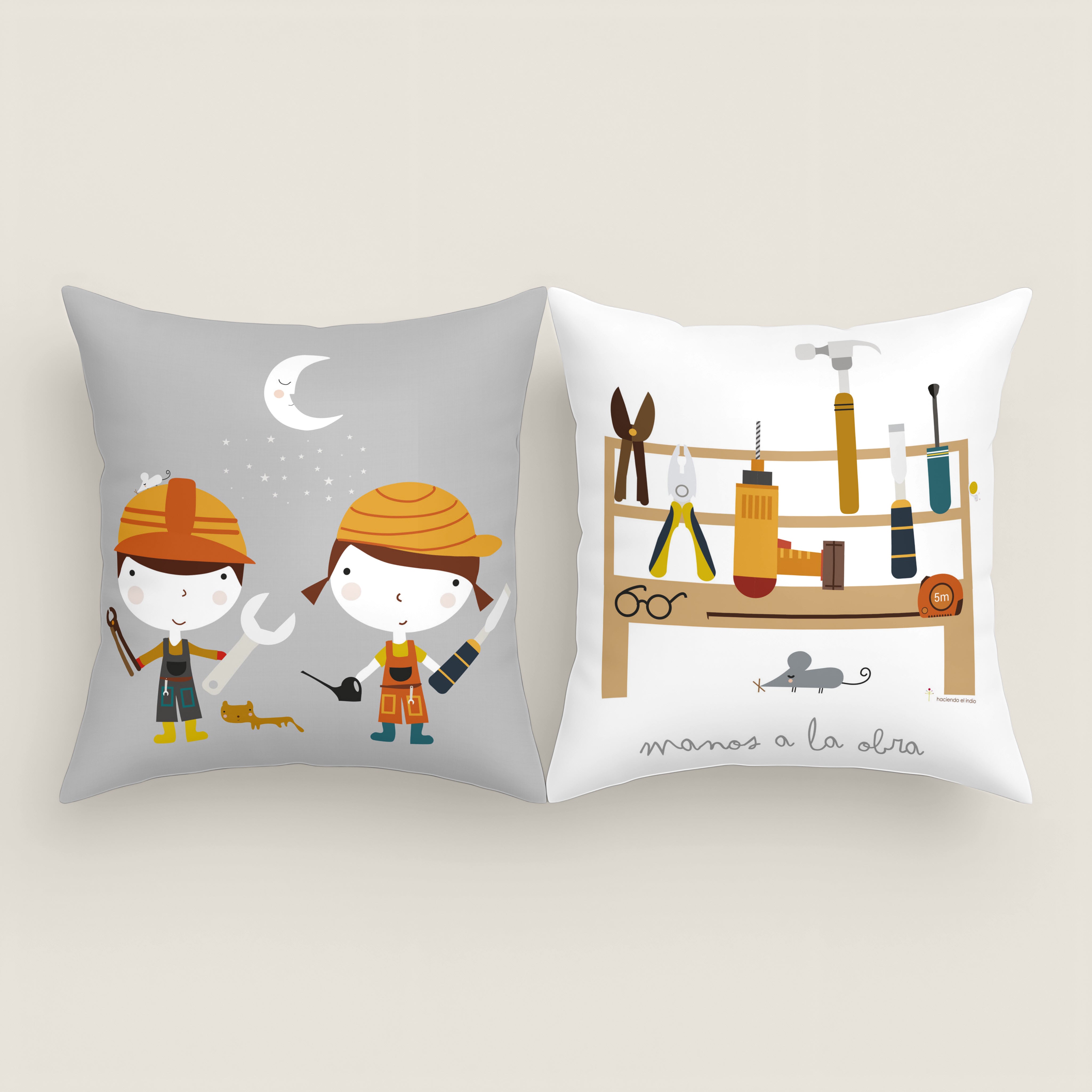 FUNDA DE COJÍN INFANTIL ESTAMPADO HERRAMIENTAS 100% ALGODÓN