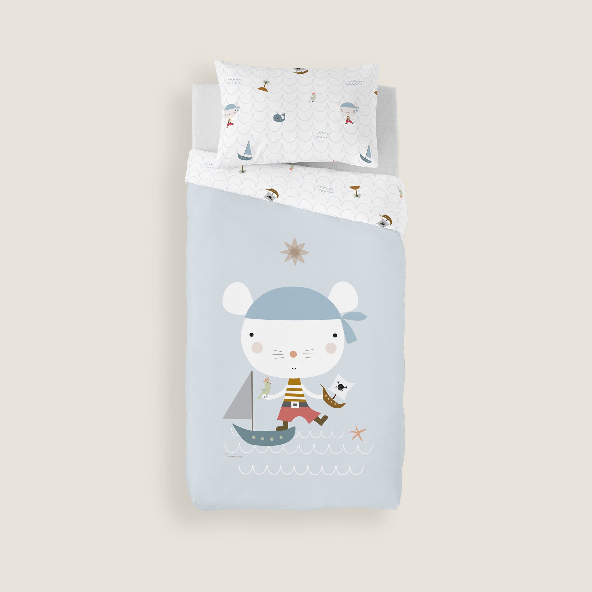 COPRIPIUMINO REVERSIBILE STAMPATO PER BAMBINI AVVENTURA PIRATA 100% COTONE