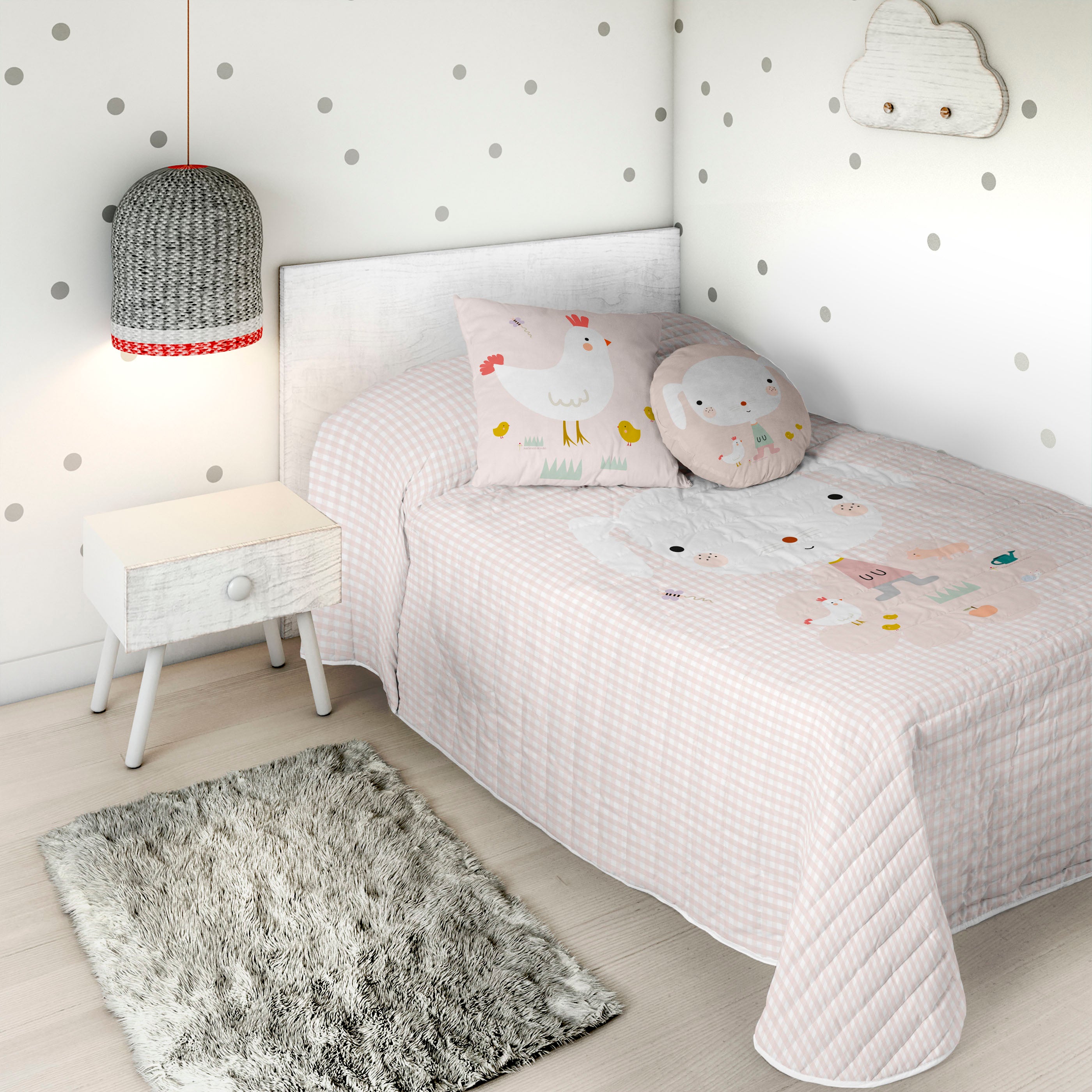 COLCHA BOUTI REVERSIBLE ESTAMPADA INFANTIL GRANJA 100% ALGODÓN