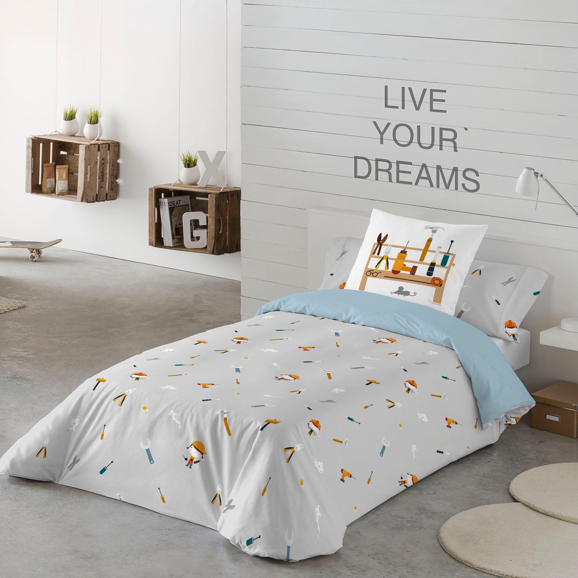 FUNDA NÓRDICA REVERSIBLE ESTAMPADA INFANTIL HERRAMIENTAS 100% ALGODÓN