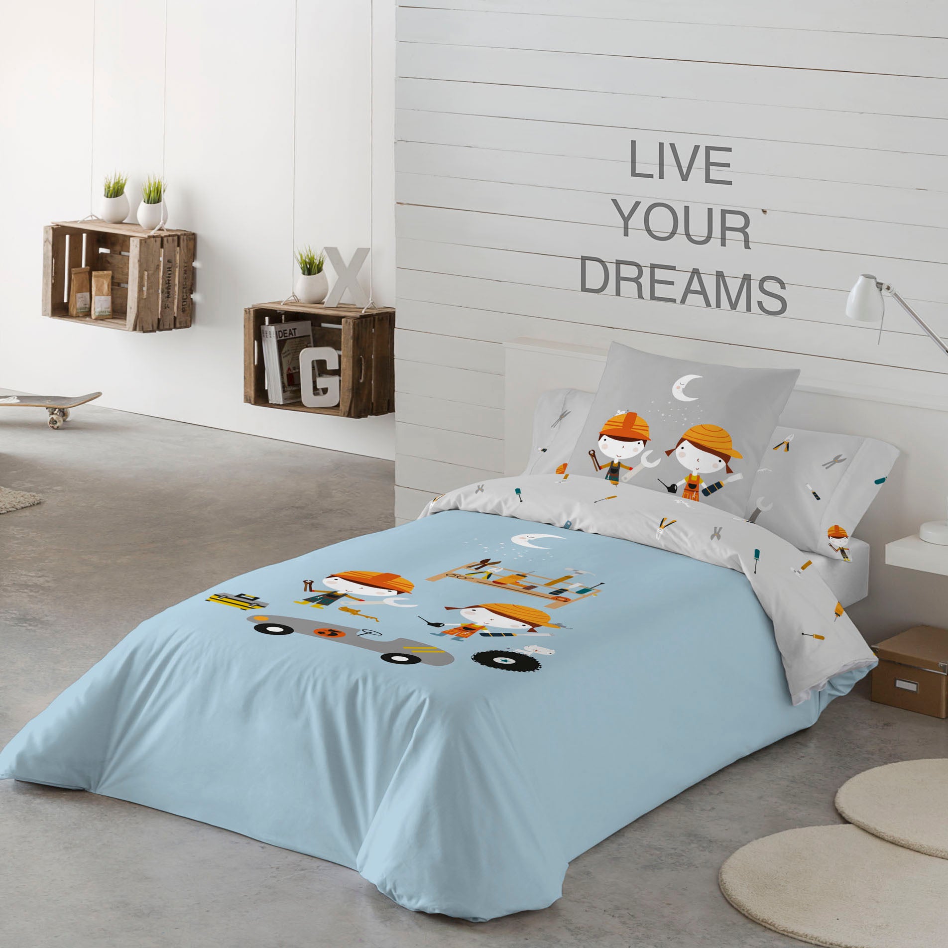 FUNDA NÓRDICA REVERSIBLE ESTAMPADA INFANTIL HERRAMIENTAS 100% ALGODÓN