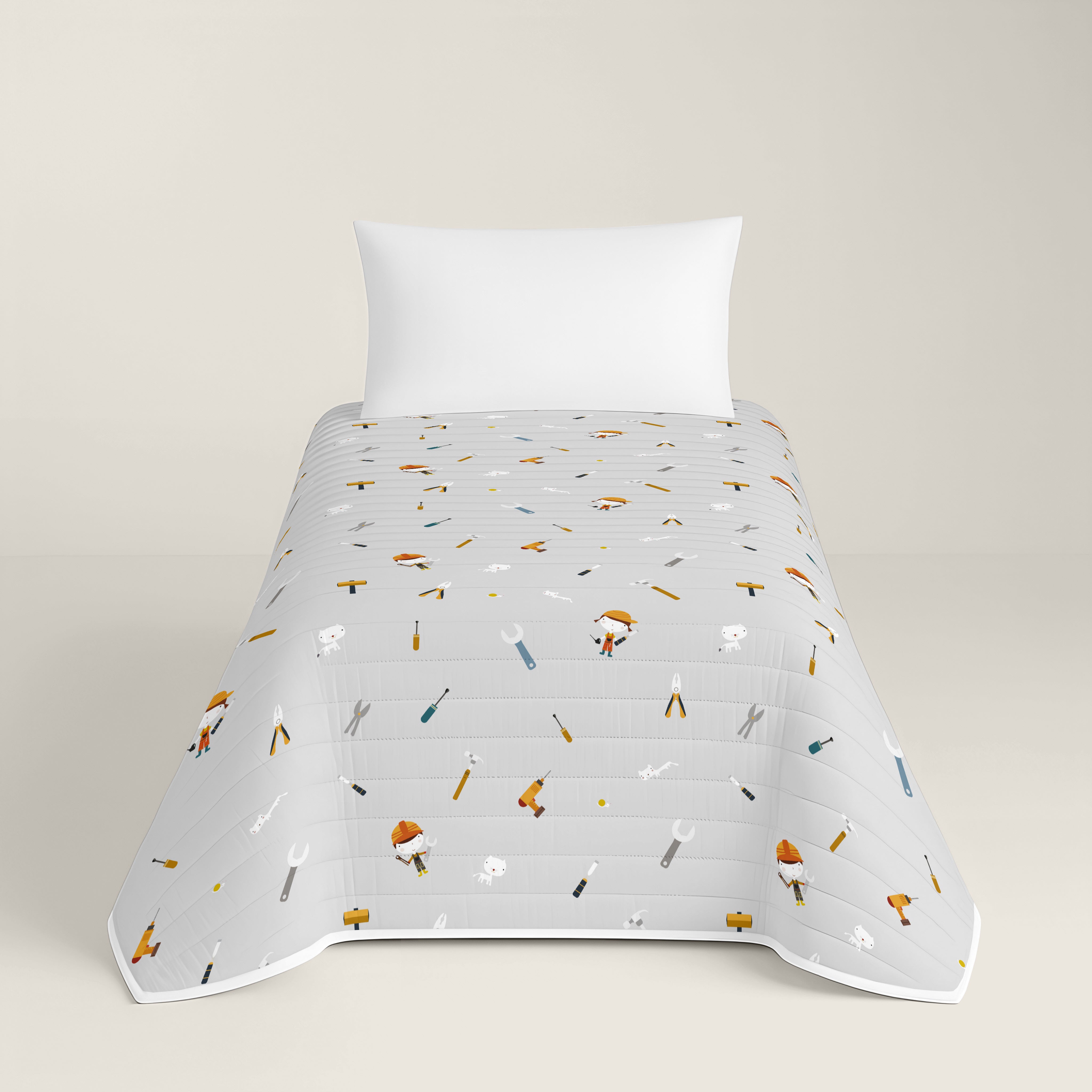 COLCHA BOUTI REVERSIBLE ESTAMPADA INFANTIL HERRAMIENTAS 100% ALGODÓN