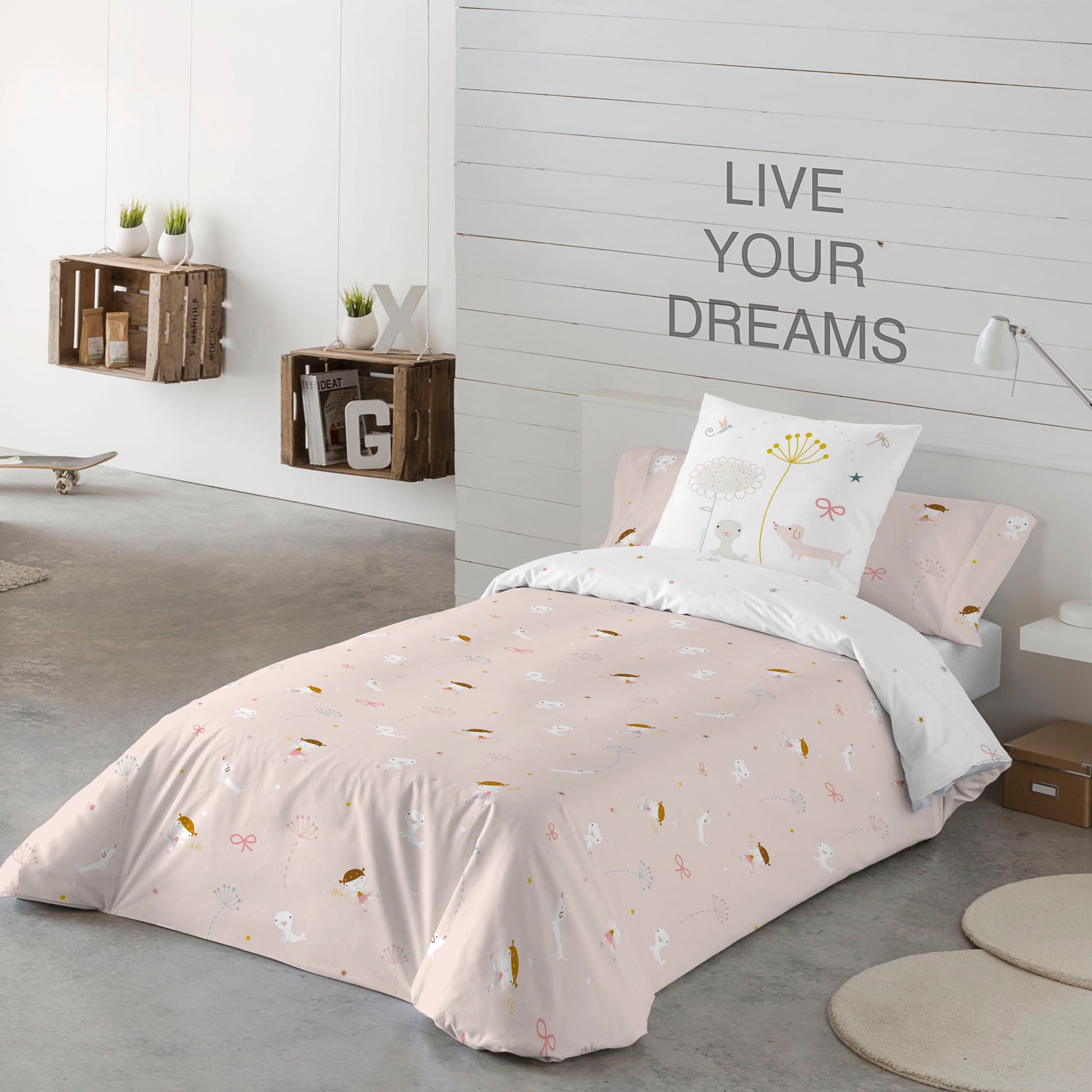 FUNDA NÓRDICA REVERSIBLE ESTAMPADA INFANTIL PATINADORA 100% ALGODÓN