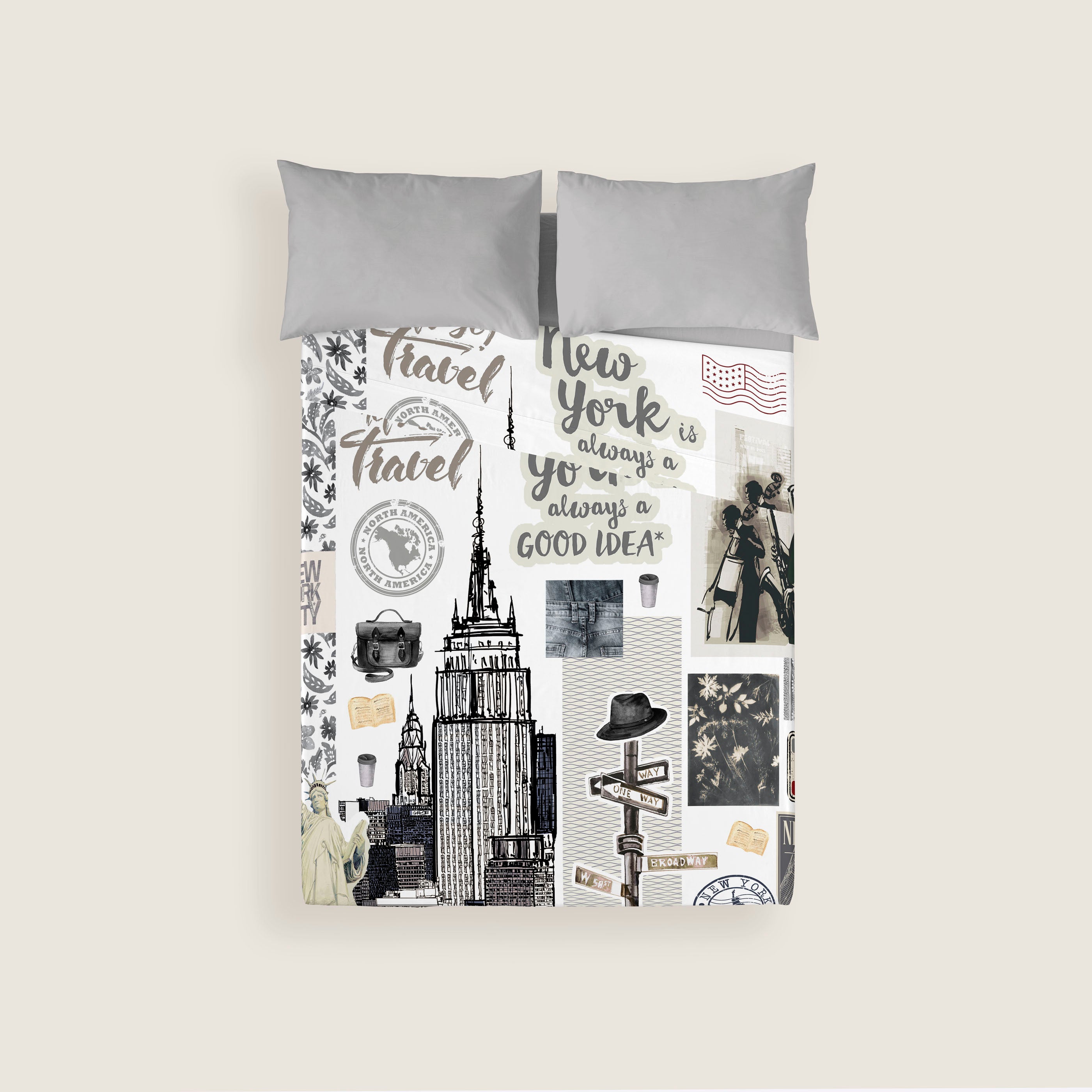 JUEGO SÁBANAS ESTAMPADAS NY TRAVEL 100% ALGODÓN