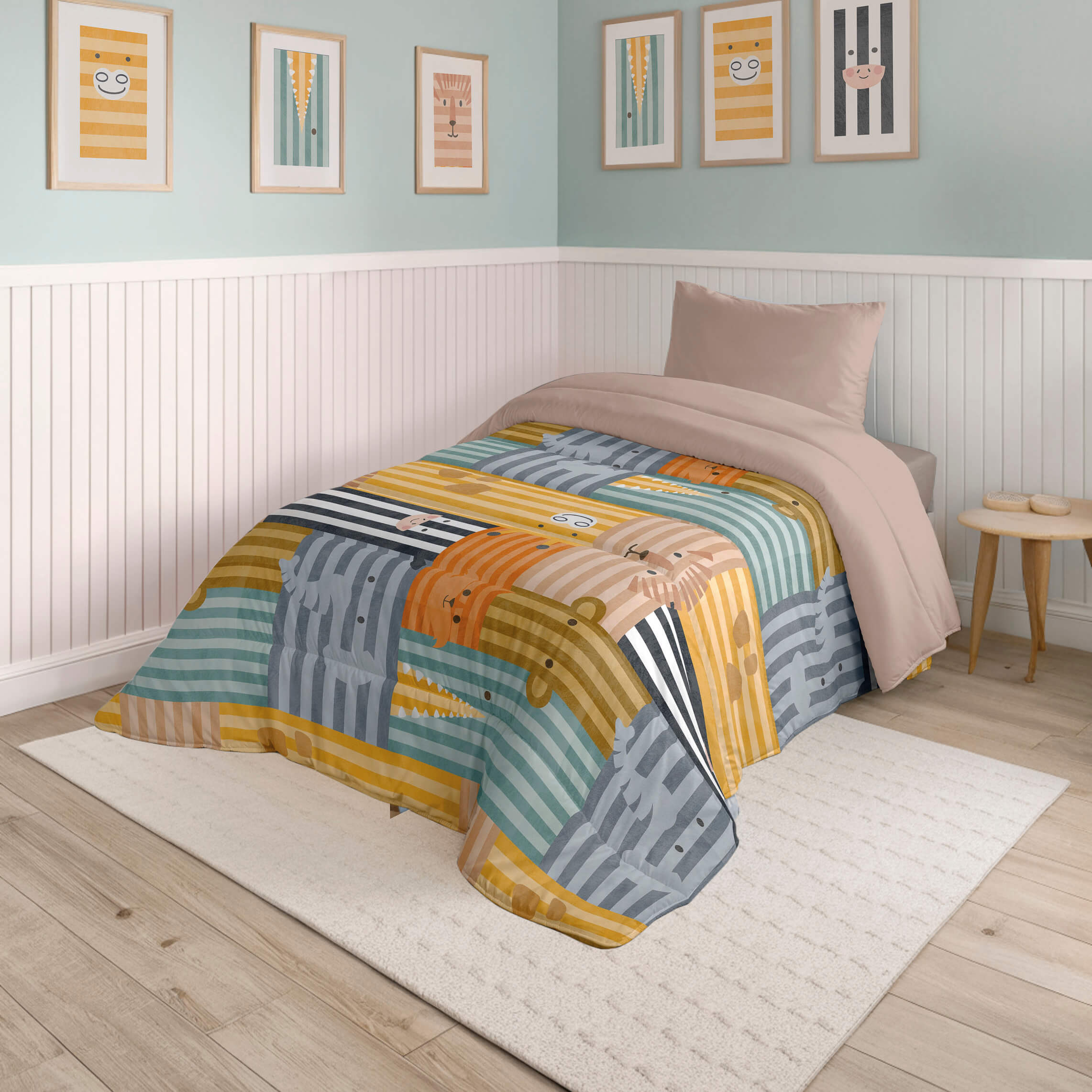 EDREDÓN NÓRDICO ESTAMPADO INFANTIL ANIMALS STRIPES
