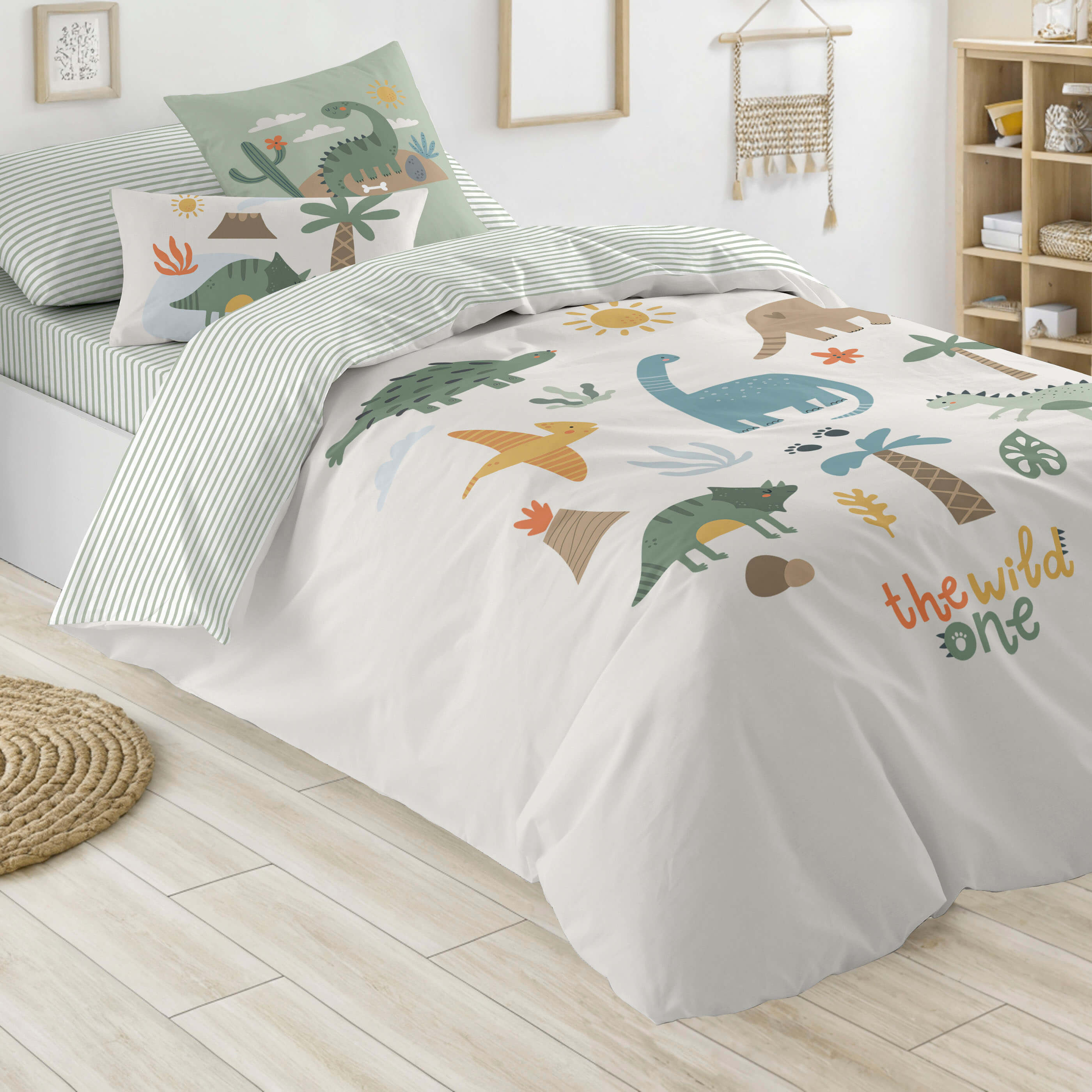 FUNDA NÓRDICA REVERSIBLE ESTAMPADA INFANTIL DINOLAND 100% ALGODÓN