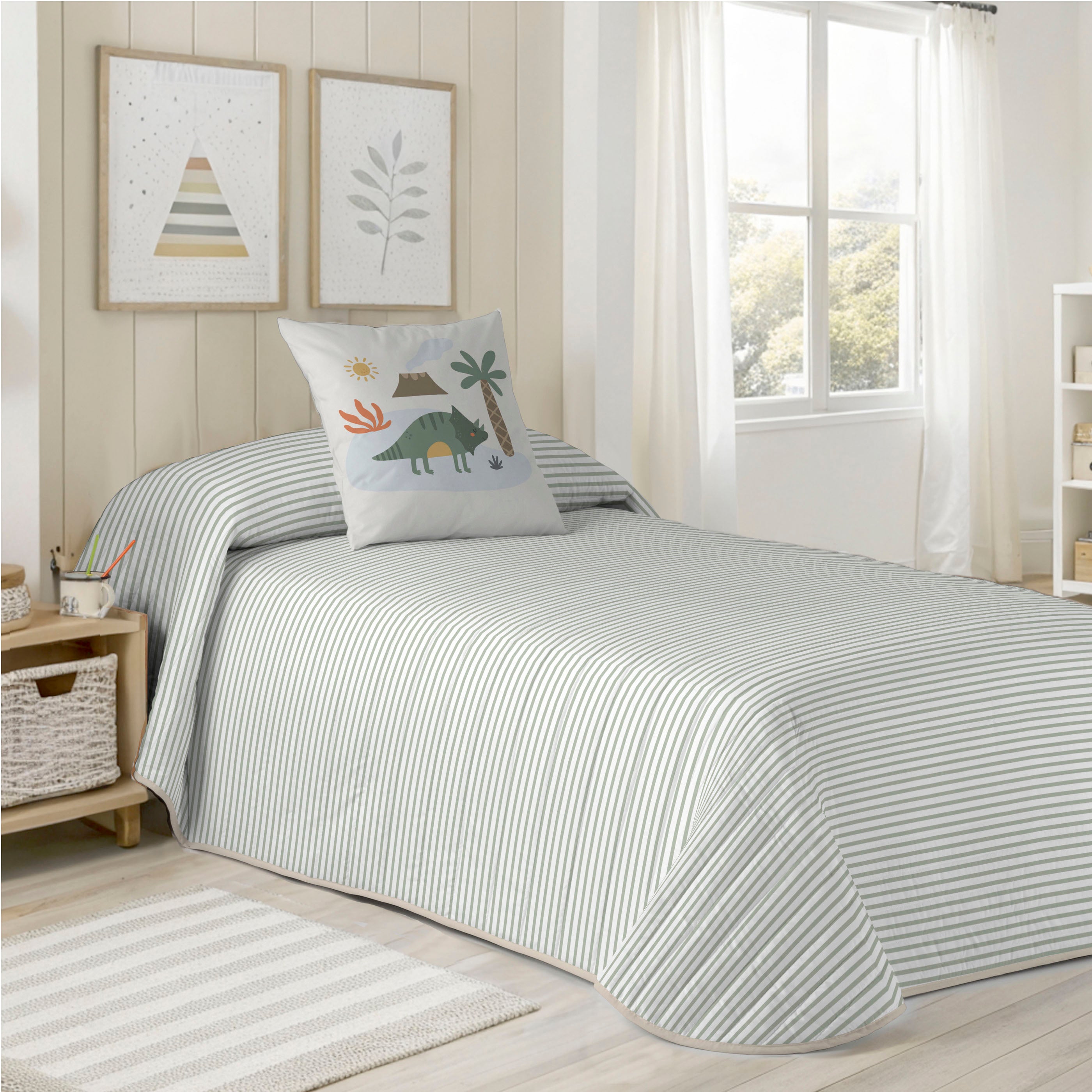 COLCHA BOUTI REVERSIBLE ESTAMPADA INFANTIL DINOLAND 100% ALGODÓN