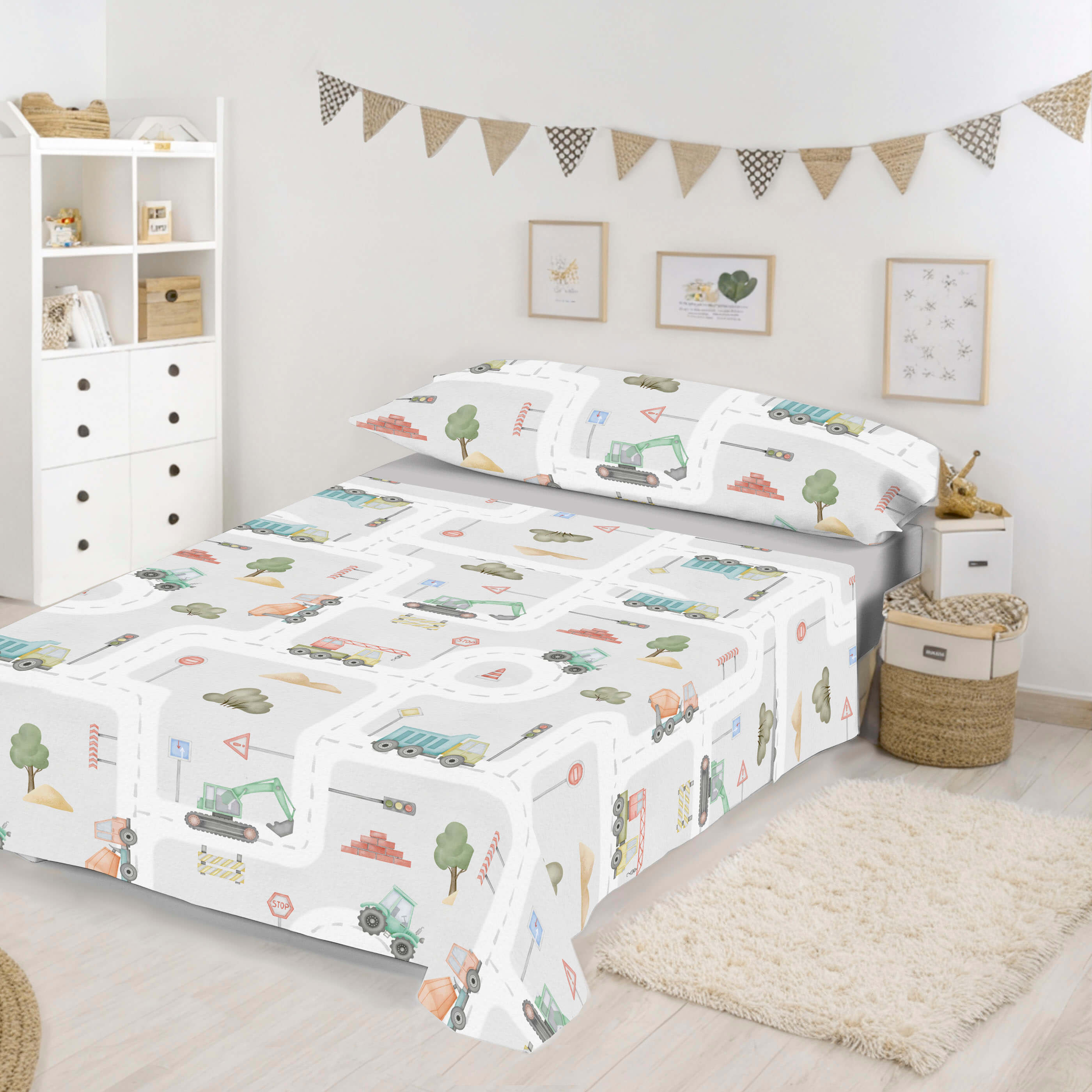 JUEGO SÁBANAS ESTAMPADAS INFANTIL ROAD 100% ALGODÓN