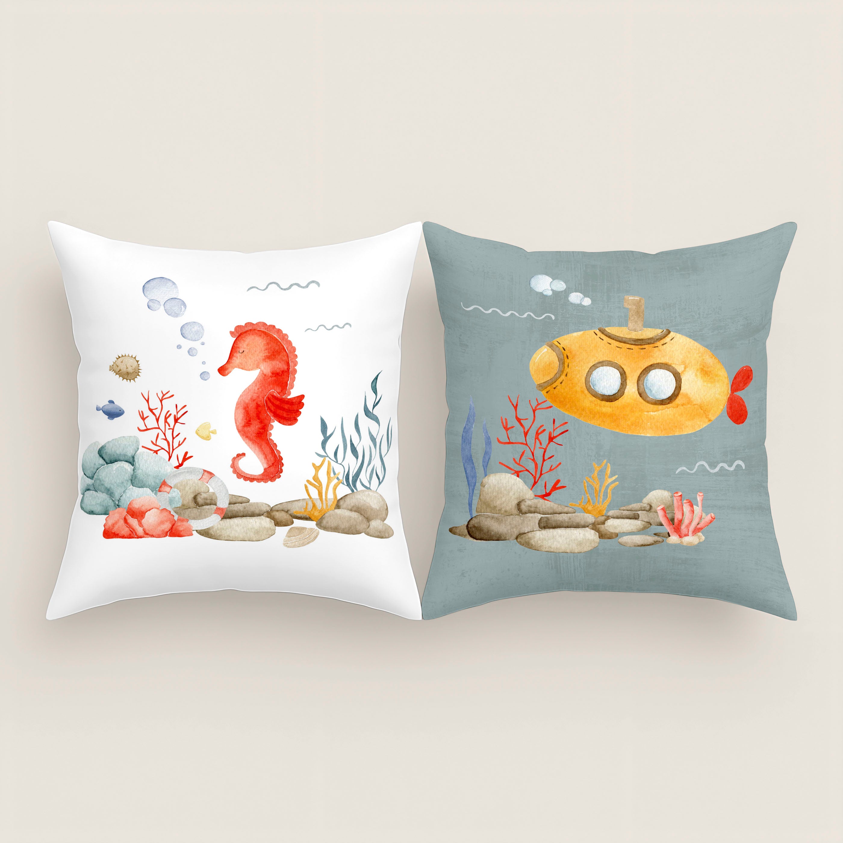 FUNDA DE COJÍN INFANTIL ESTAMPADO SUBMARINE 100% ALGODÓN