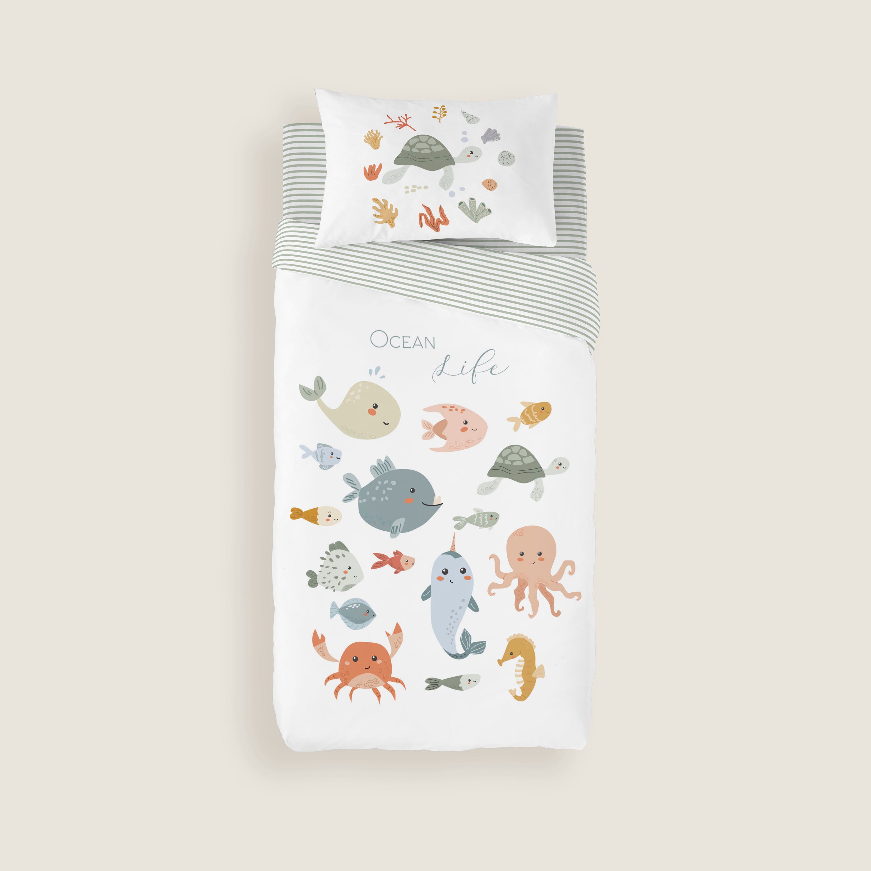 FUNDA NÓRDICA REVERSIBLE CUNA BEBÉ OCEAN LIFE 100% ALGODÓN