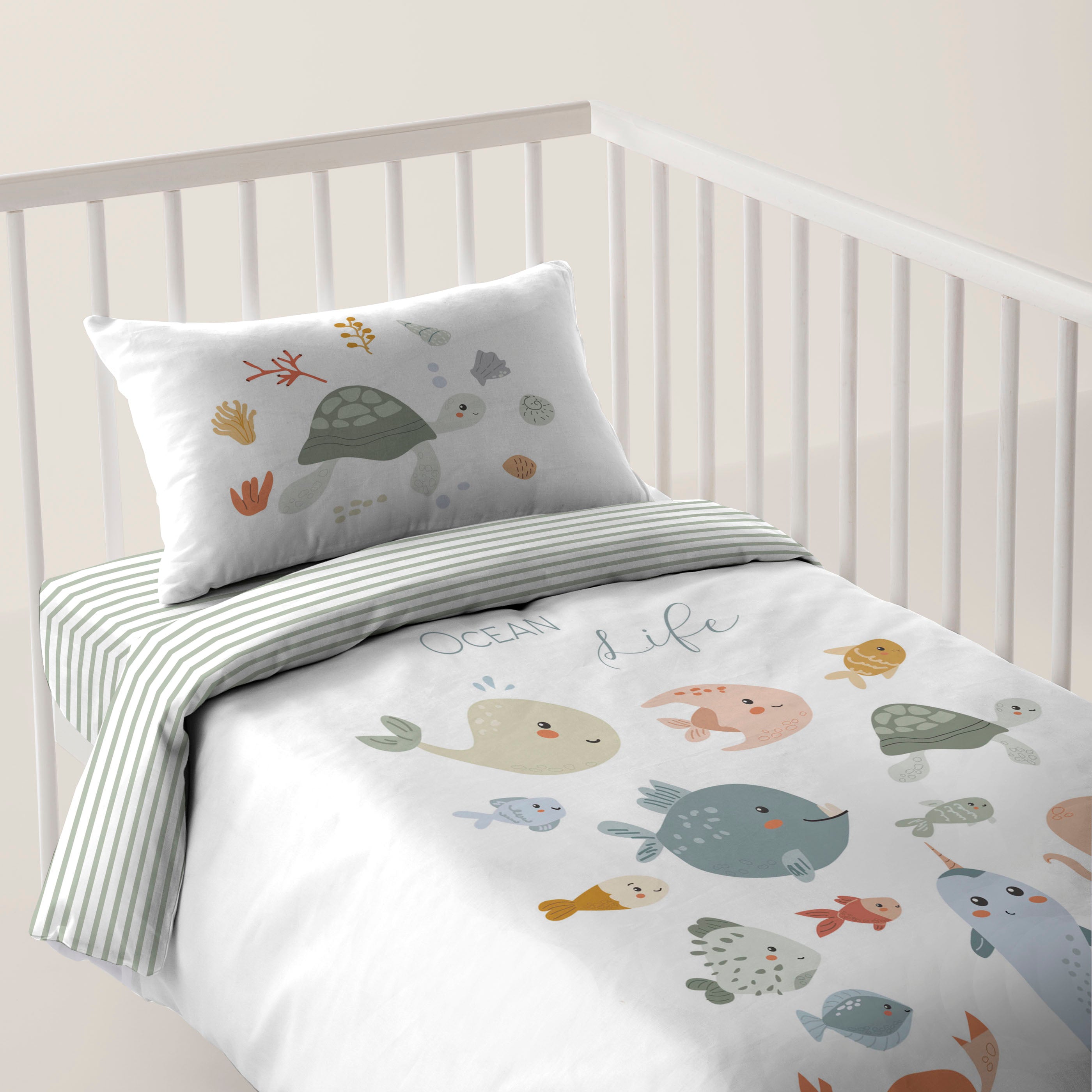 FUNDA NÓRDICA REVERSIBLE CUNA BEBÉ OCEAN LIFE 100% ALGODÓN