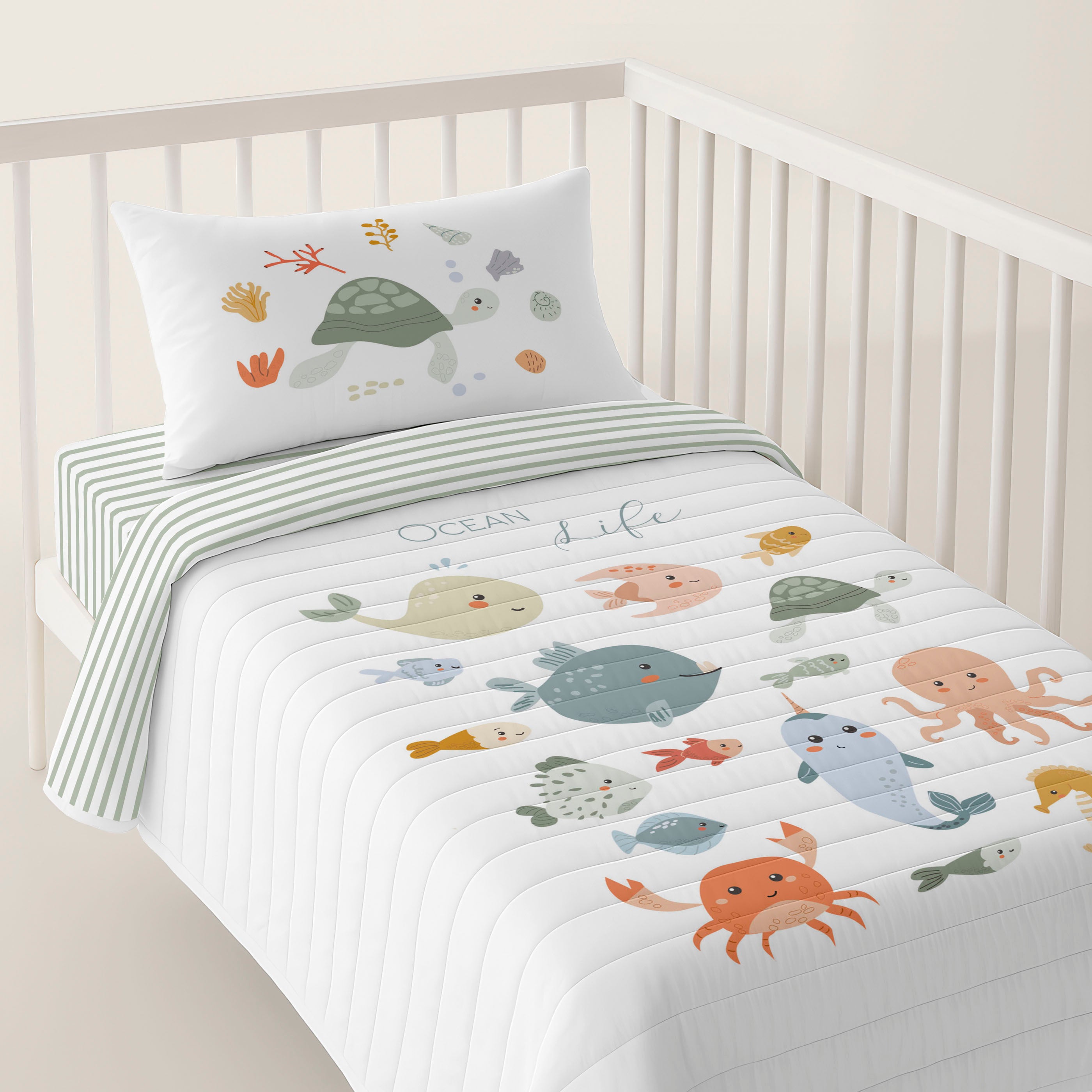 COLCHA BOUTI REVERSIBLE CUNA BEBÉ OCEAN LIFE 100% ALGODÓN