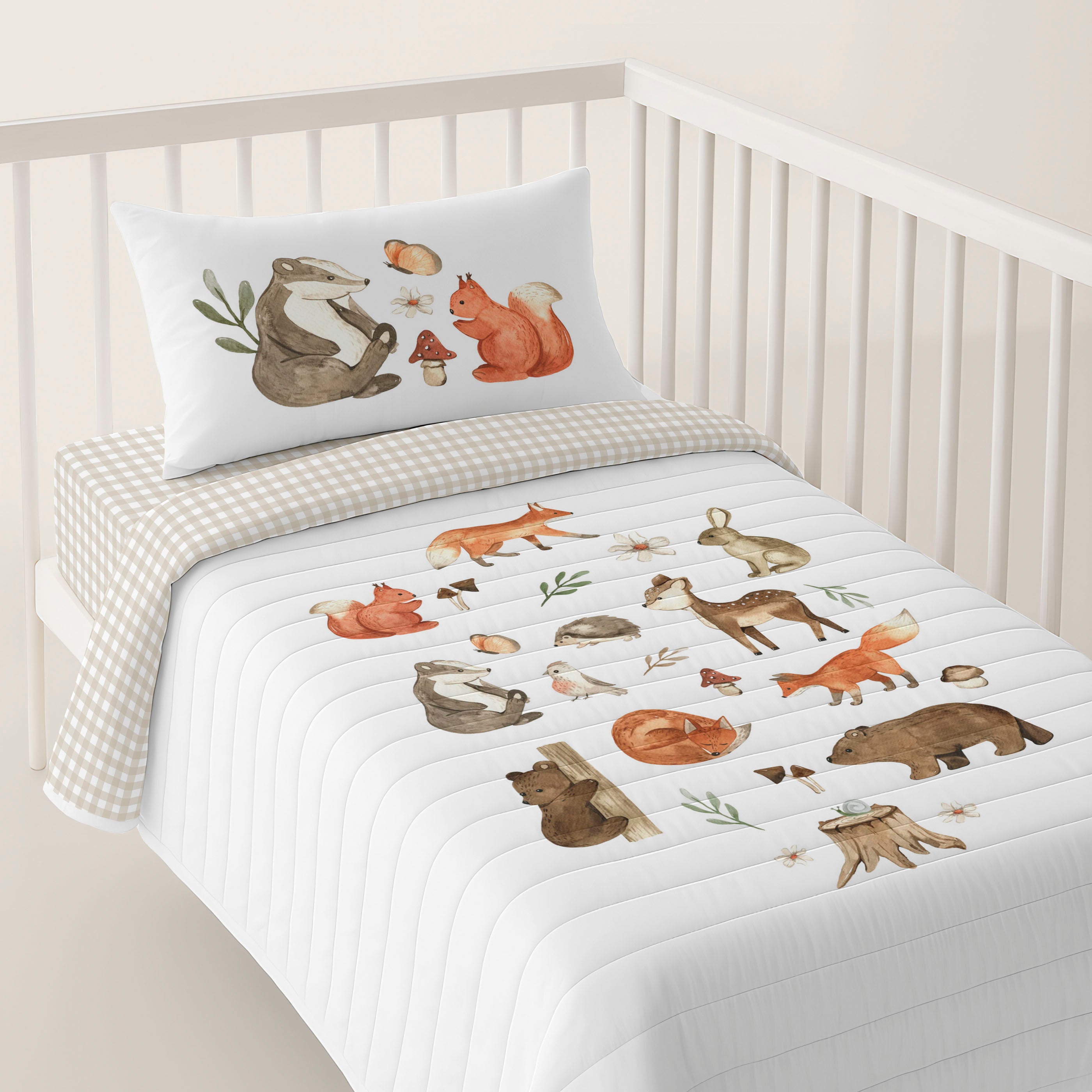 COLCHA BOUTI REVERSIBLE CUNA BEBÉ WOODLAND 100% ALGODÓN