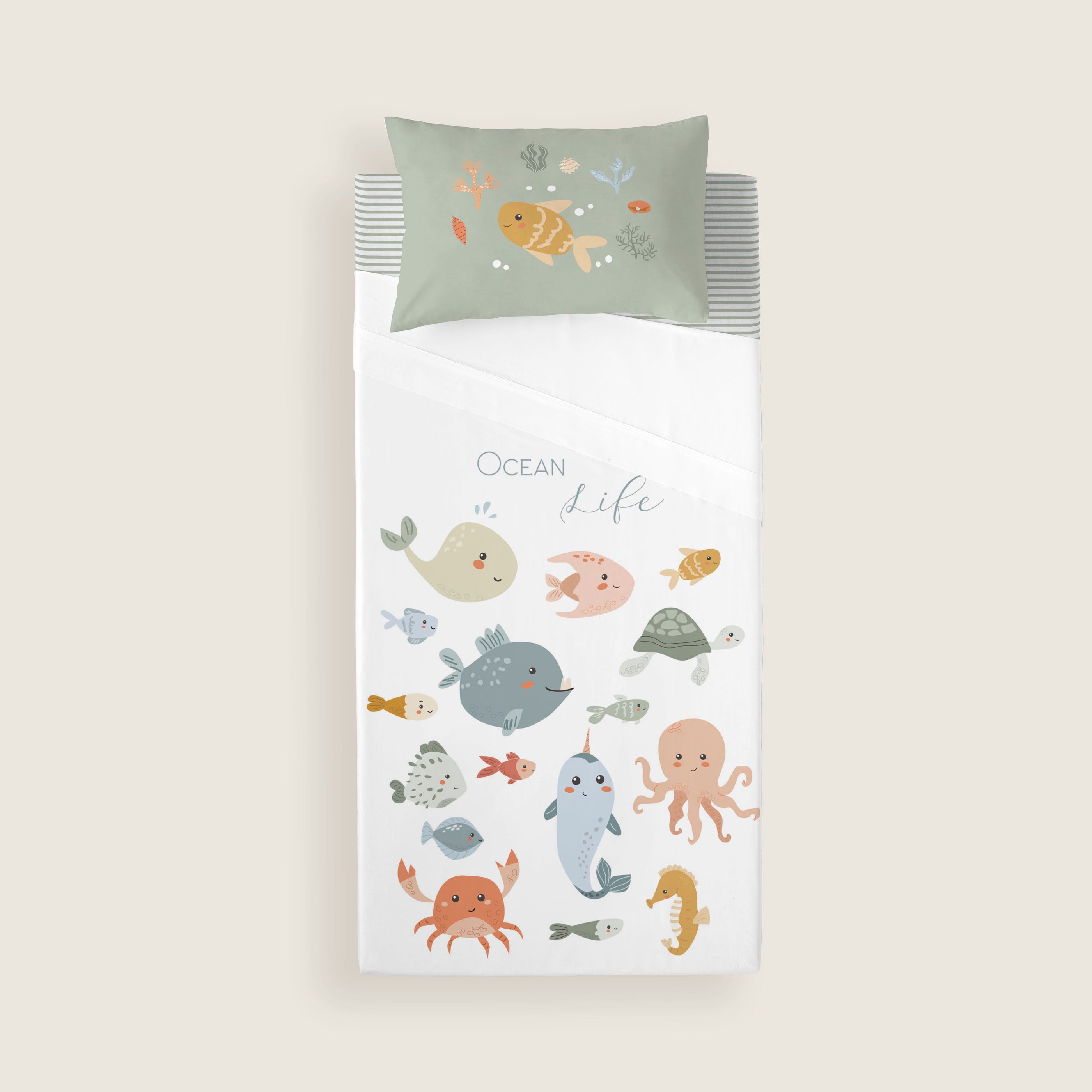 JUEGO DE SÁBANAS CUNA BEBÉ OCEAN LIFE 100% ALGODÓN