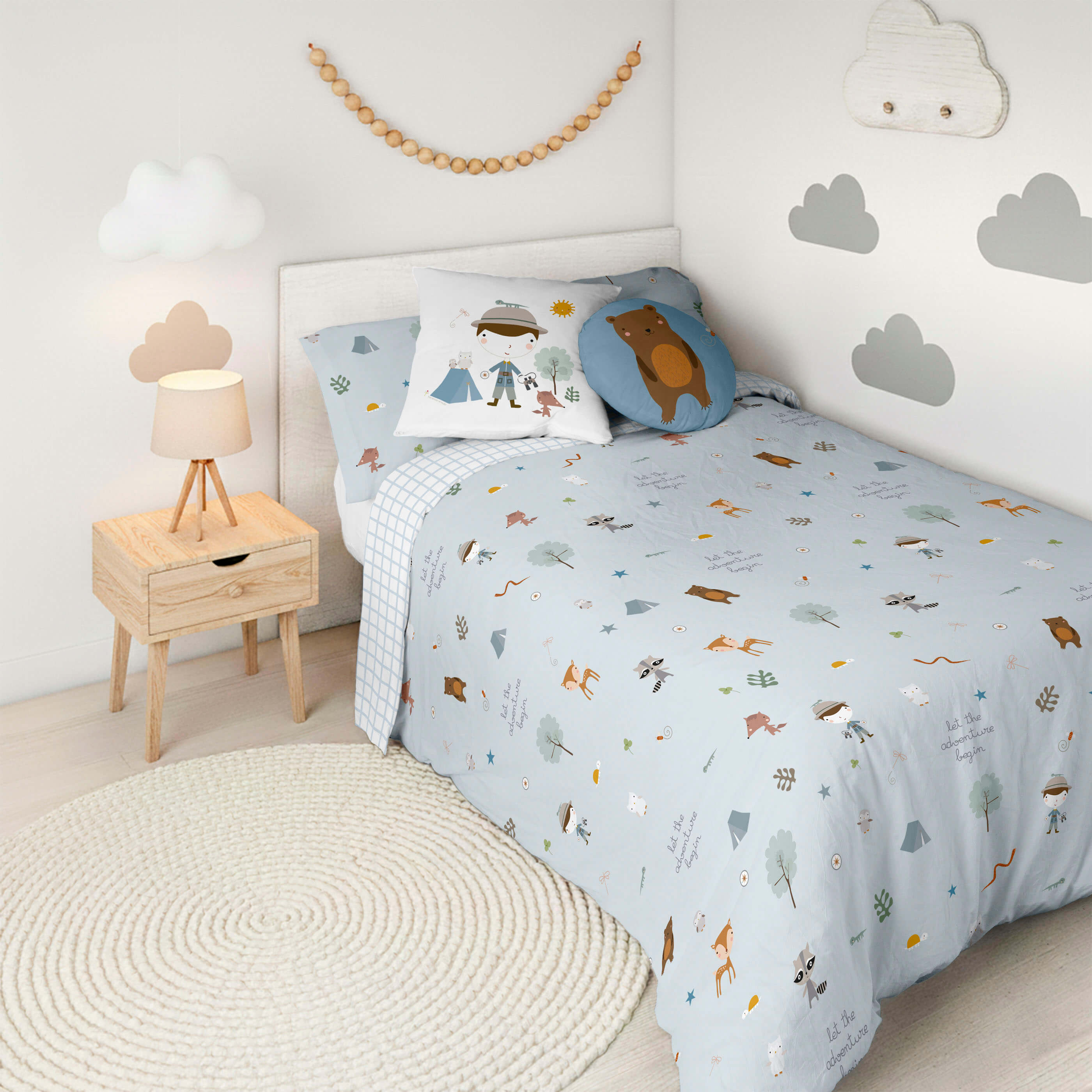 COPRIPIUMINO REVERSIBILE STAMPATO PER BAMBINI AVVENTURA BOSCO 100% COTONE