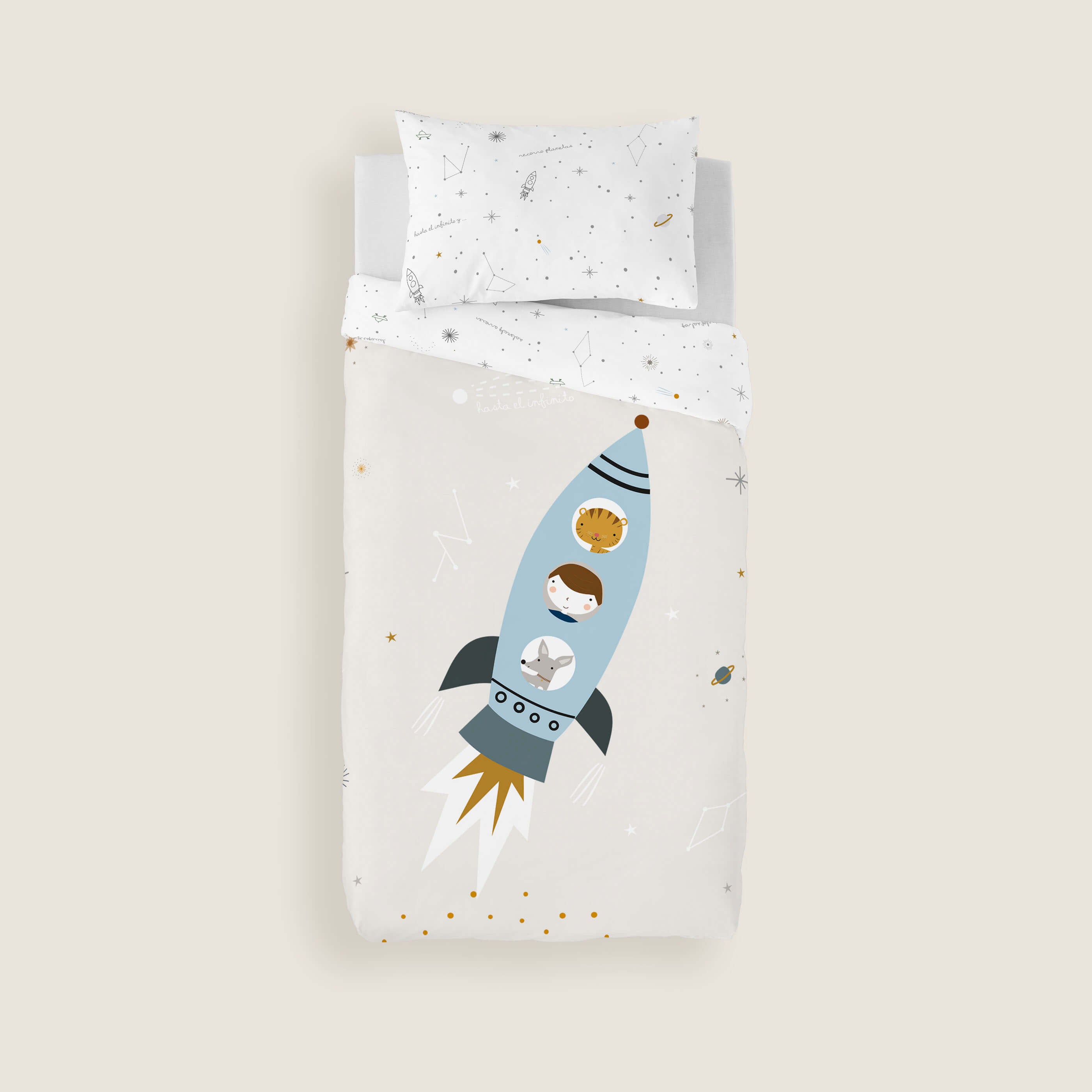 COPRIPIUMINO REVERSIBILE STAMPATO PER BAMBINI VIAGGIO SPAZIALE 100% COTONE