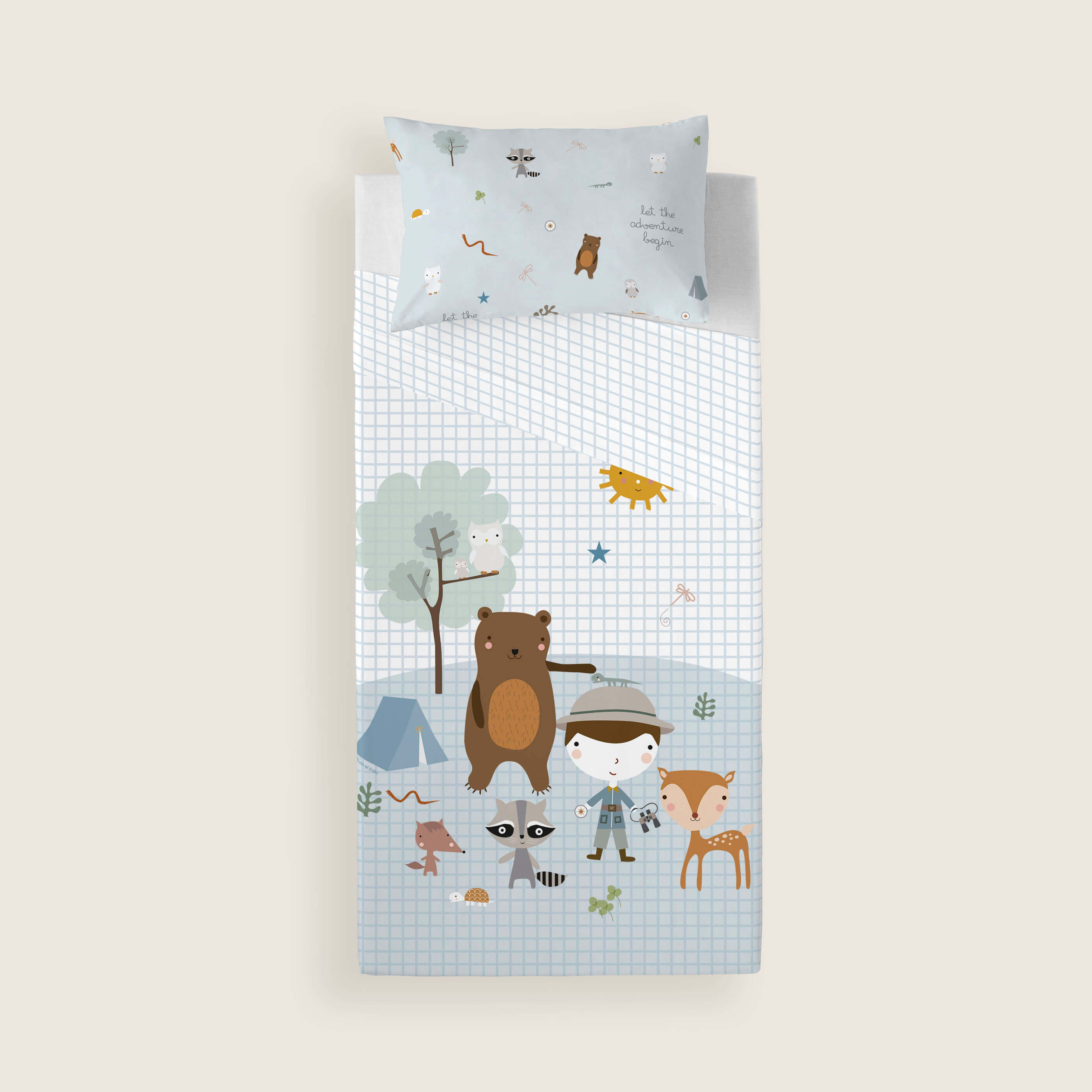COMPLETO LENZUOLA STAMPATO PER BAMBINI AVVENTURA BOSCO IN 100% COTONE