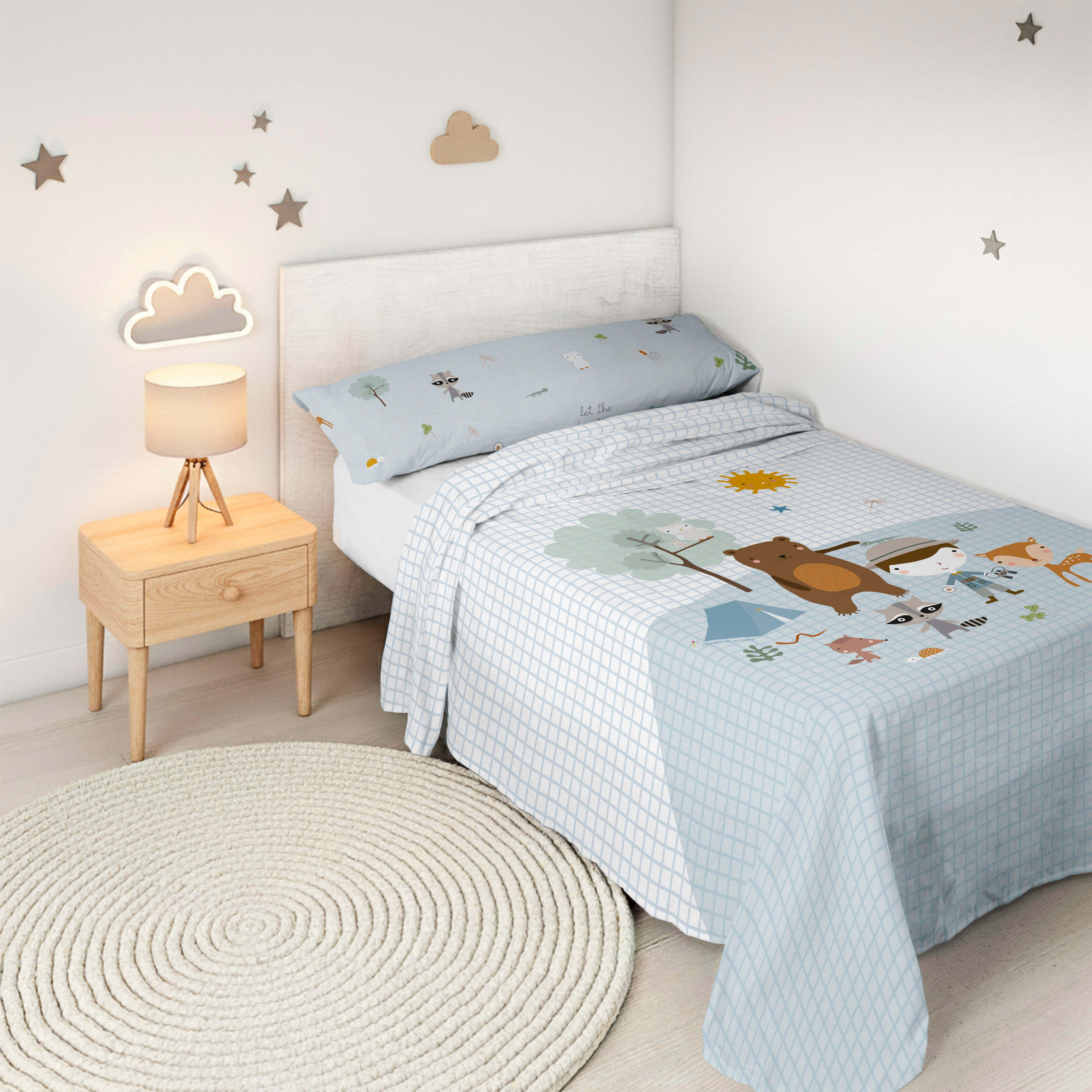 COMPLETO LENZUOLA STAMPATO PER BAMBINI AVVENTURA BOSCO IN 100% COTONE