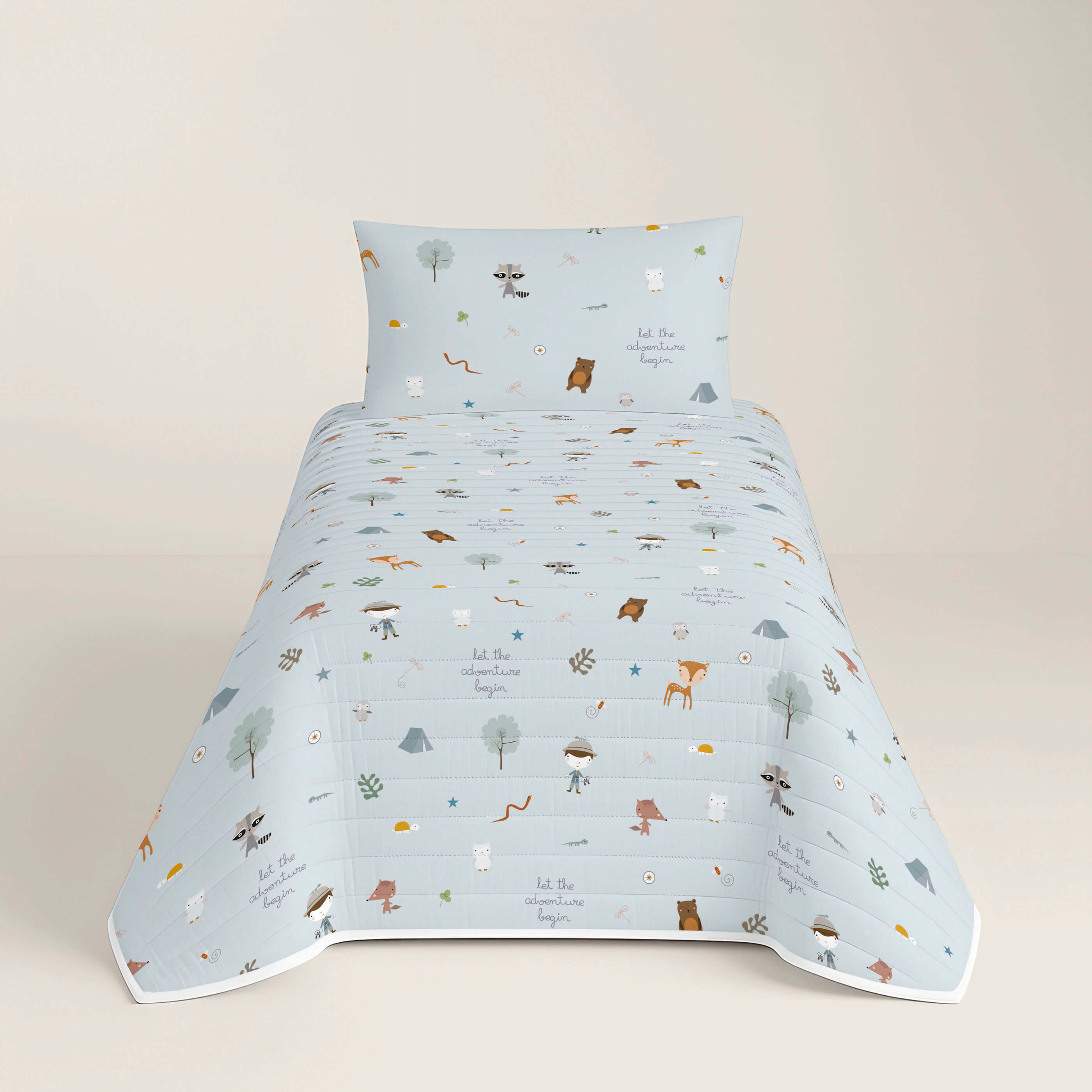 COLCHA BOUTI REVERSIBLE ESTAMPADA INFANTIL AVENTURA BOSQUE 100% ALGODÓN