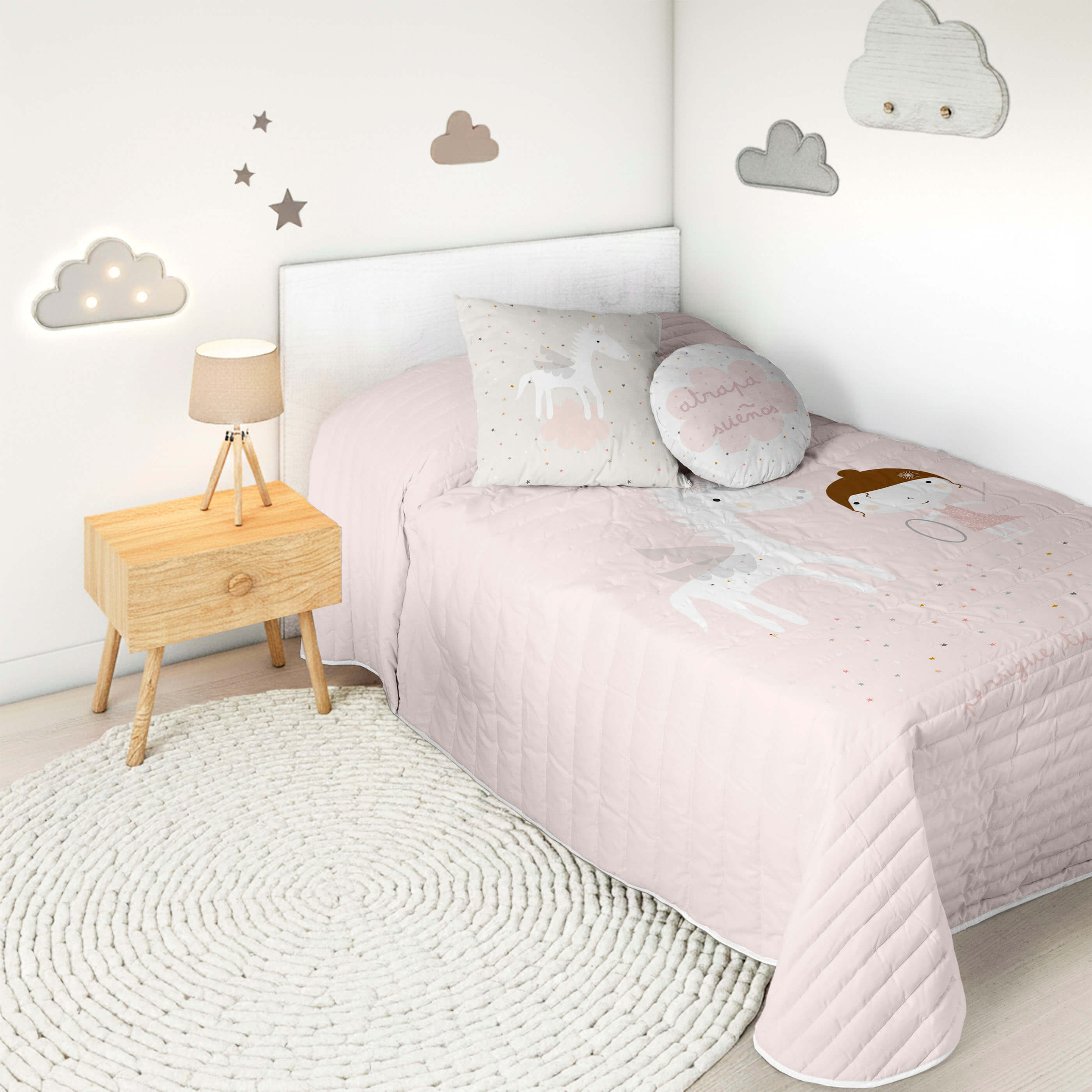 COLCHA BOUTI REVERSIBLE ESTAMPADA INFANTIL PEGASO MÁGICO 100% ALGODÓN