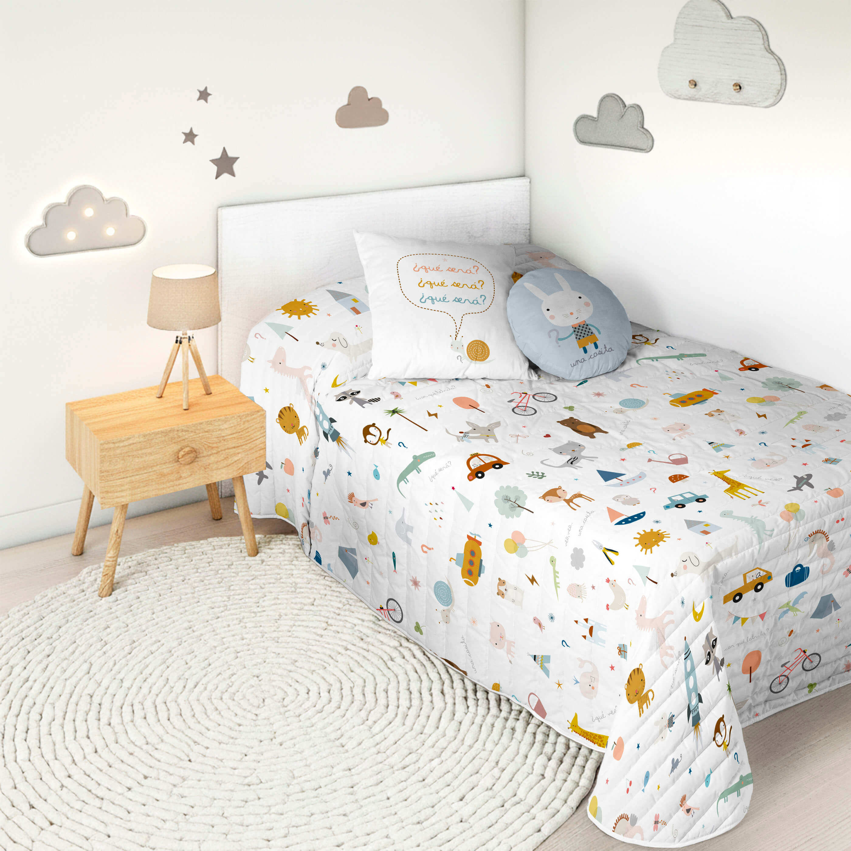 COLCHA BOUTI REVERSIBLE ESTAMPADA INFANTIL VEO VEO 100% ALGODÓN