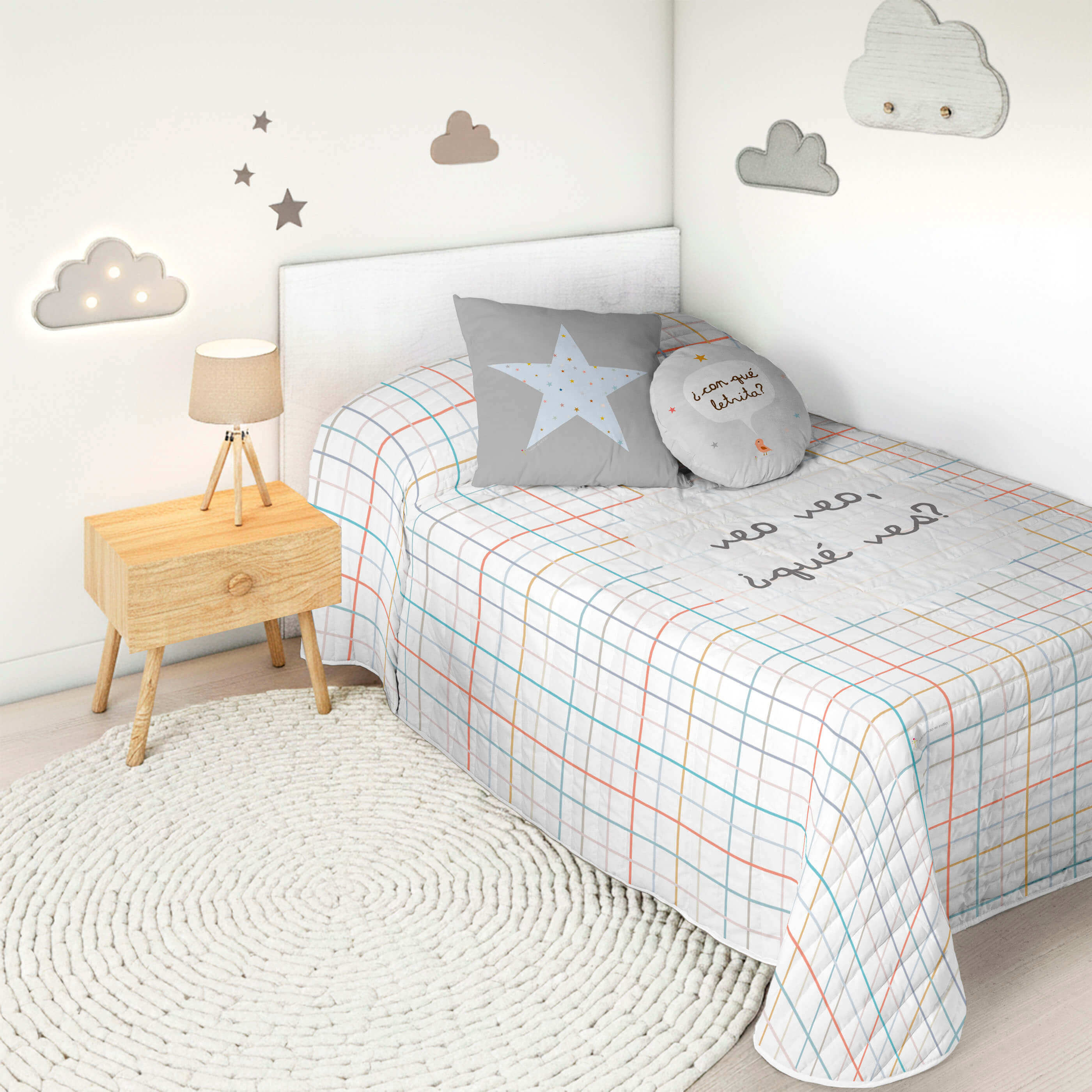 COLCHA BOUTI REVERSIBLE ESTAMPADA INFANTIL VEO VEO 100% ALGODÓN