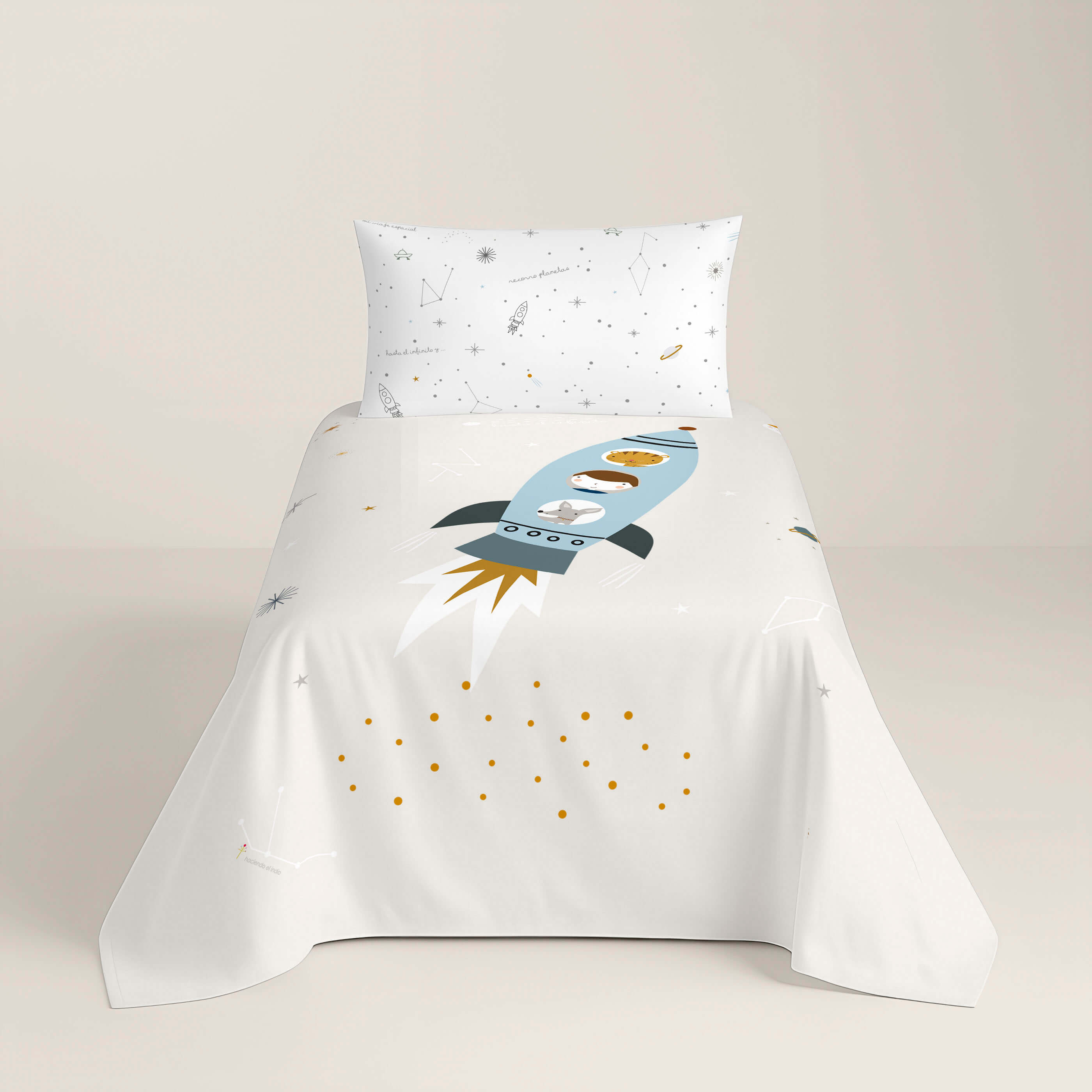 SET LENZUOLA STAMPATE PER BAMBINI VIAGGIO SPAZIALE IN 100% COTONE