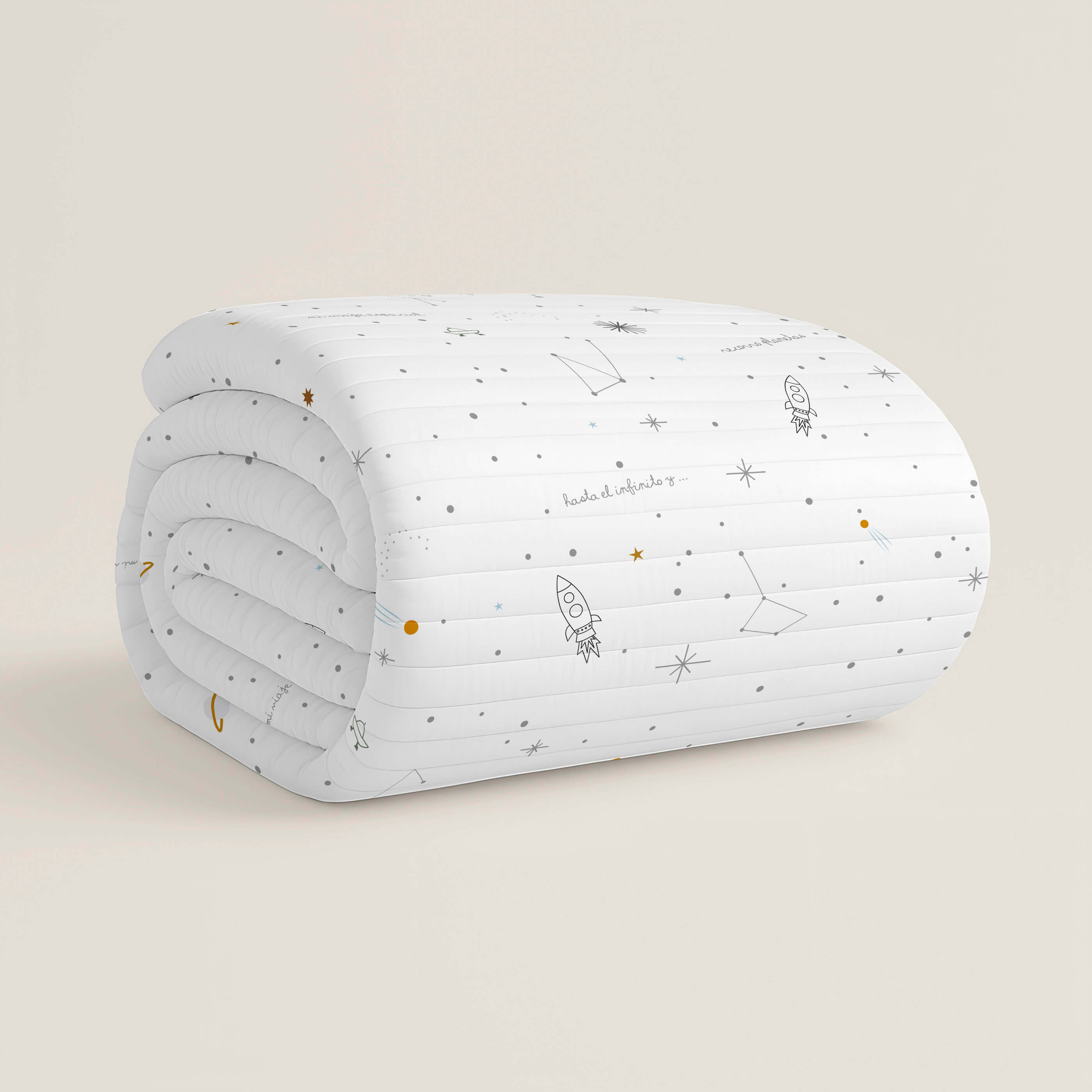 COLCHA BOUTI REVERSIBLE ESTAMPADA INFANTIL VIAJE ESPACIAL 100% ALGODÓN