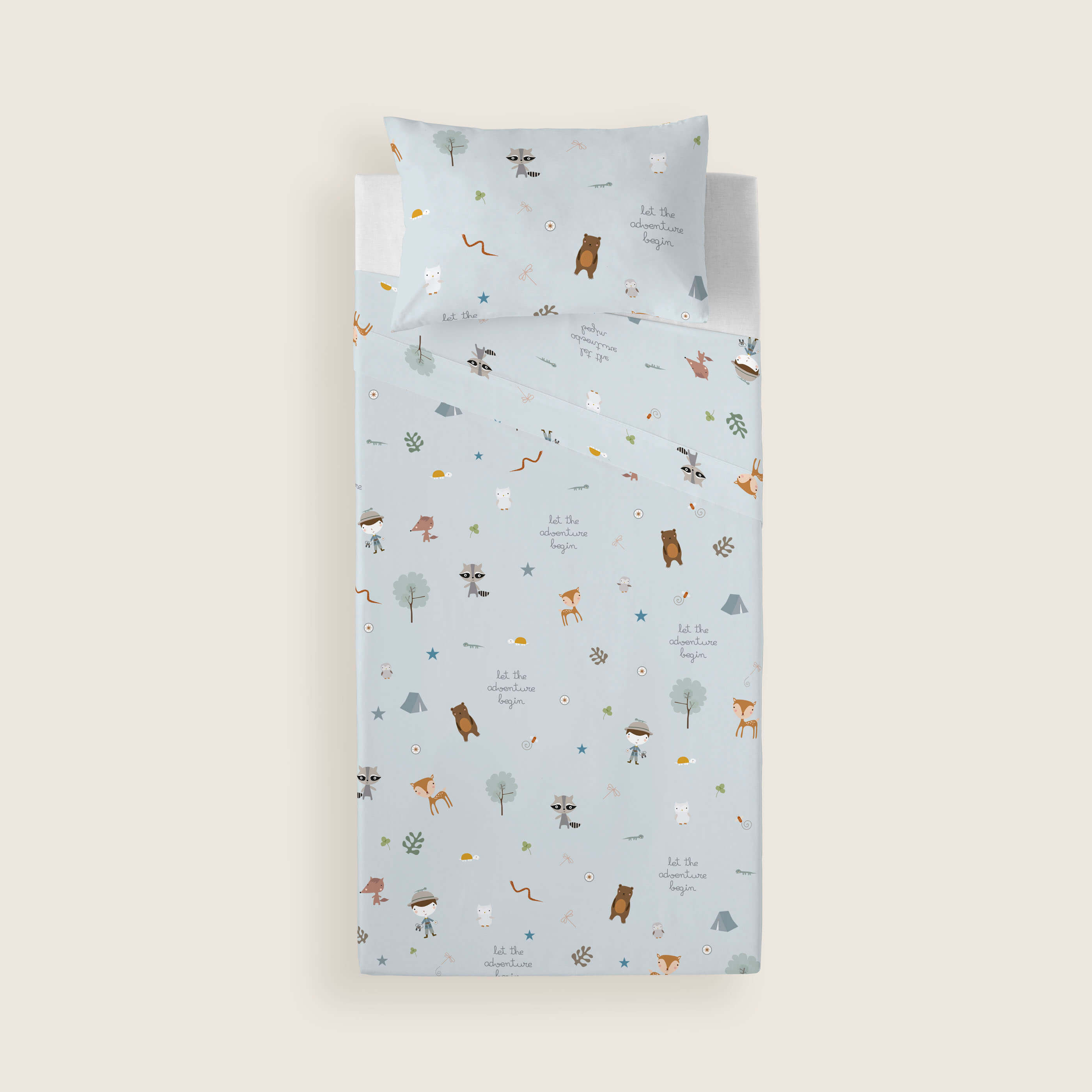 JUEGO SÁBANAS ESTAMPADAS INFANTIL AVENTURA BOSQUE B 100% ALGODÓN