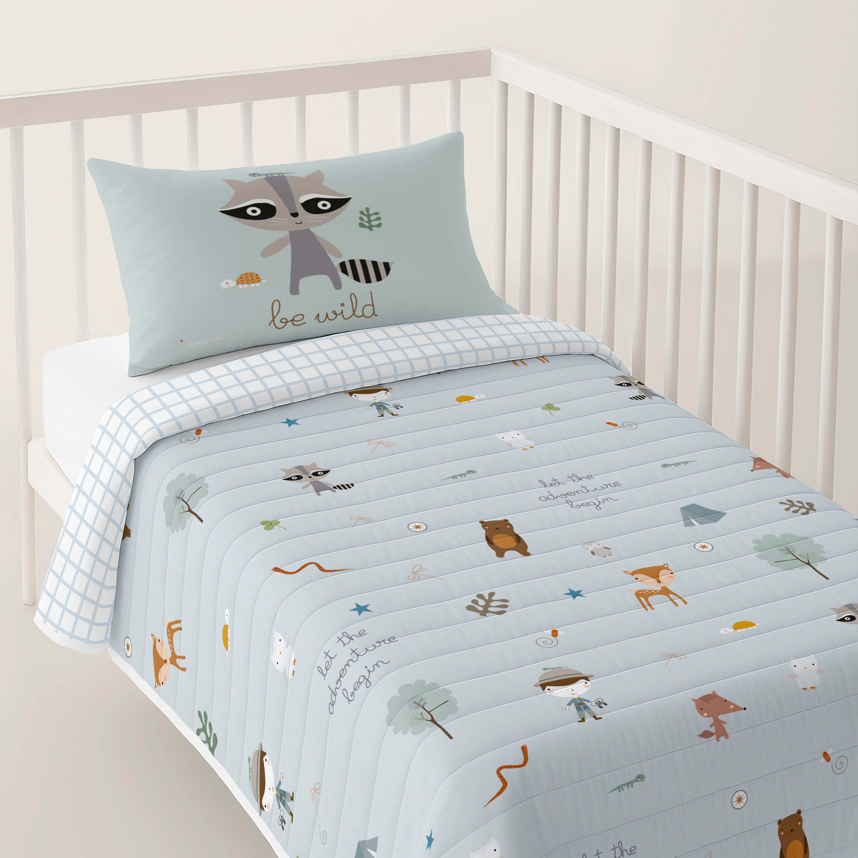 COLCHA BOUTI REVERSIBLE ESTAMPADA BEBÉ CUNA AVENTURA BOSQUE 100% ALGODÓN