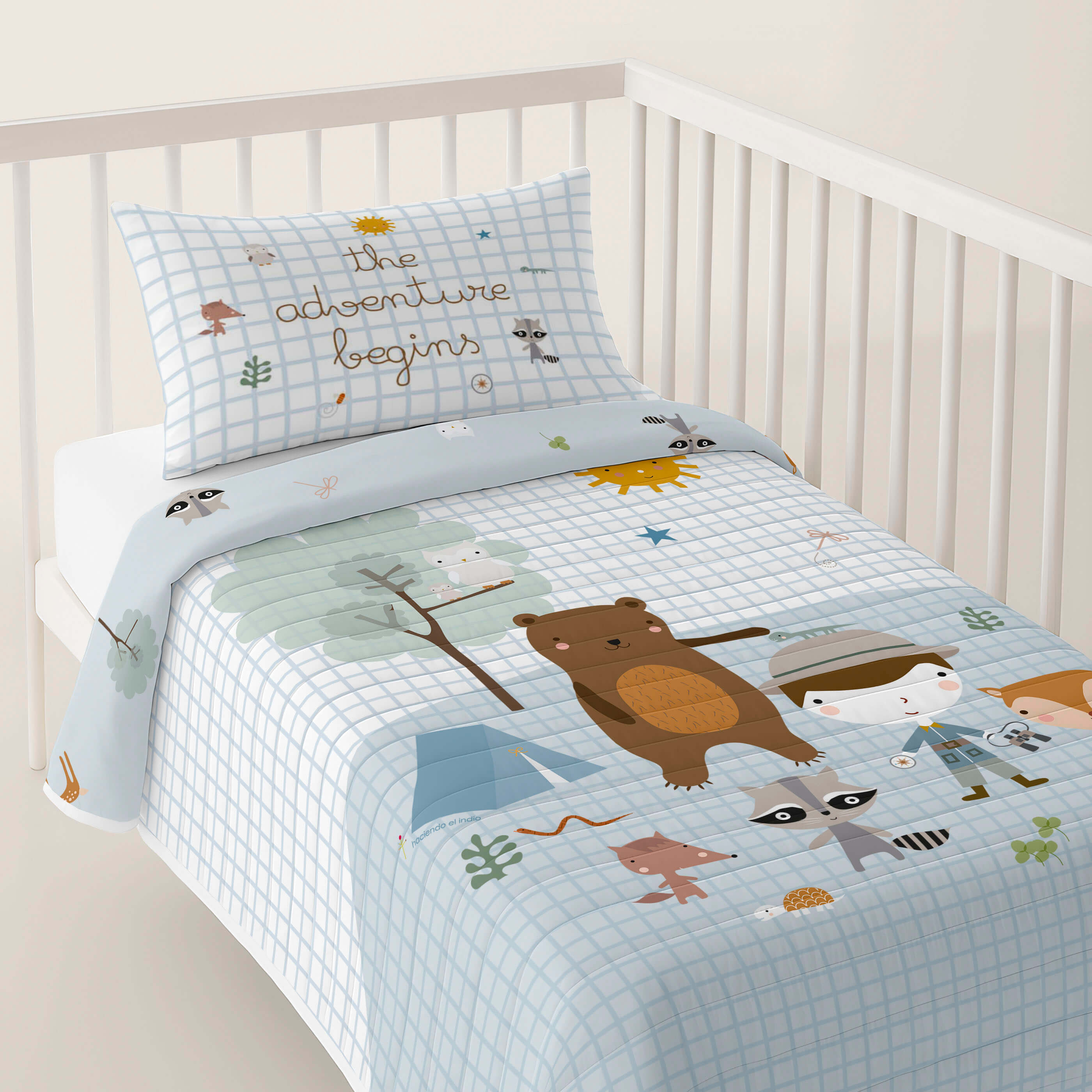 COLCHA BOUTI REVERSIBLE ESTAMPADA BEBÉ CUNA AVENTURA BOSQUE 100% ALGODÓN