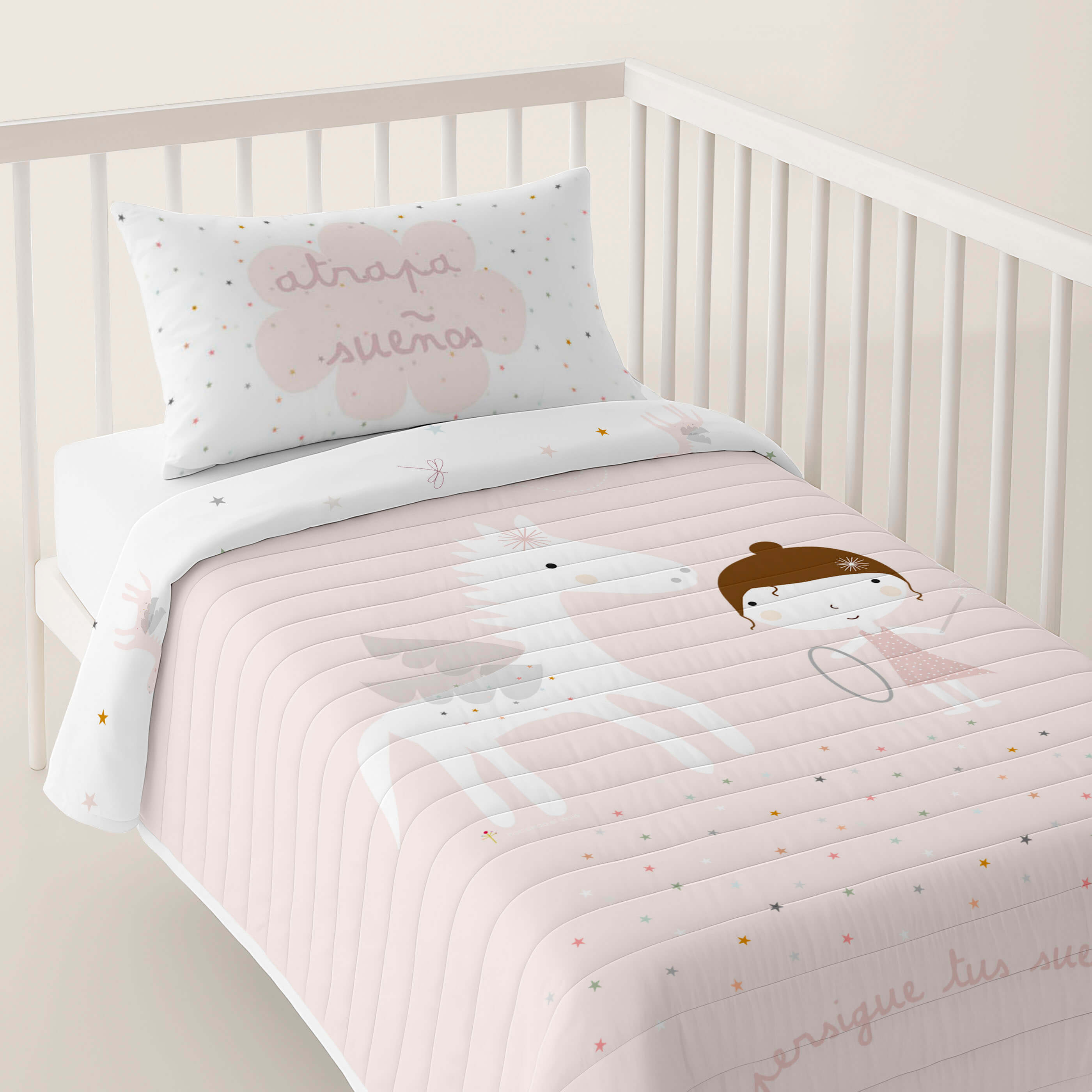 COLCHA BOUTI REVERSIBLE ESTAMPADA BEBÉ CUNA PEGASO MÁGICO 100% ALGODÓN