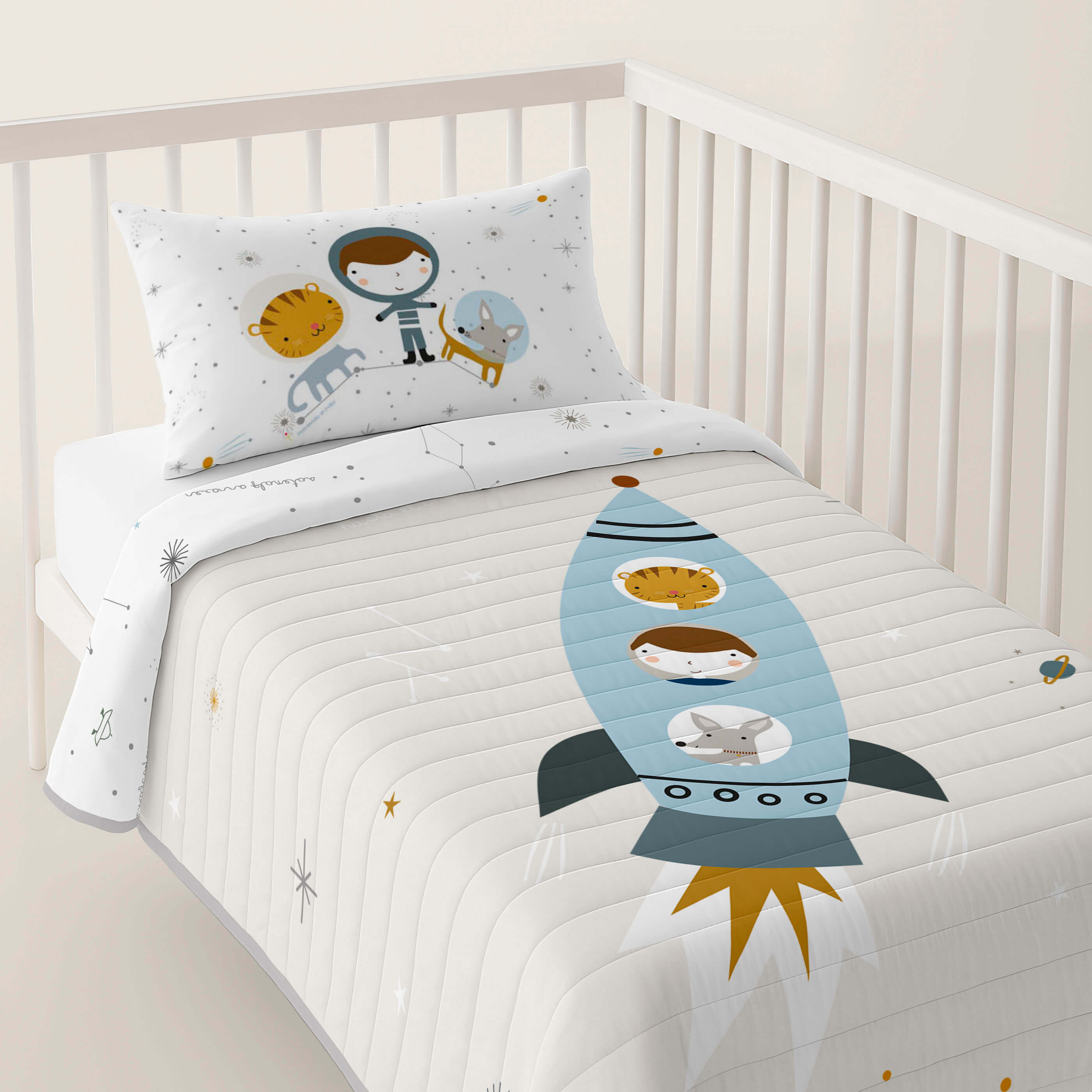 COLCHA BOUTI REVERSIBLE ESTAMPADA BEBÉ CUNA VIAJE ESPACIAL 100% ALGODÓN